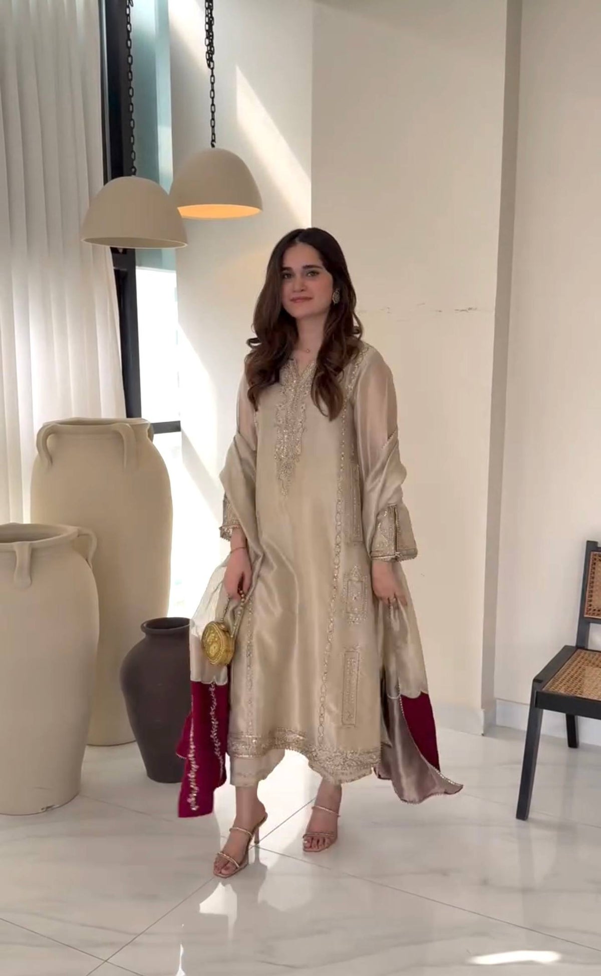 Designer Pure Jimmy Choo Silk Sequin Work Kurti with Palazzo & Dupatta 3-Piece Set