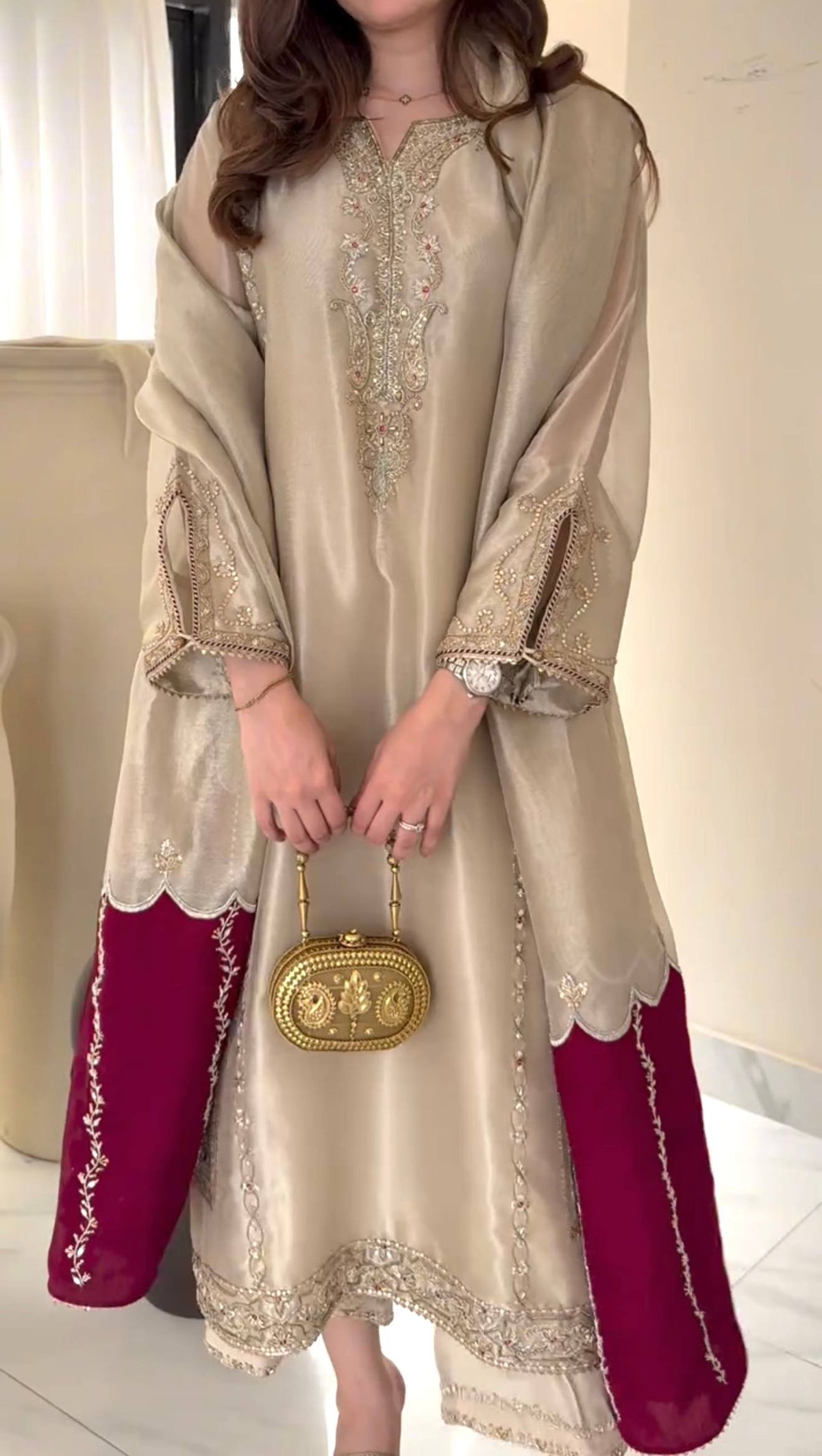 Designer Pure Jimmy Choo Silk Sequin Work Kurti with Palazzo & Dupatta 3-Piece Set
