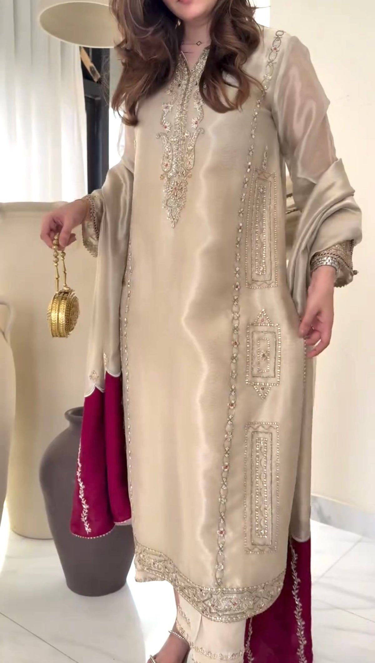 Designer Pure Jimmy Choo Silk Sequin Work Kurti with Palazzo & Dupatta 3-Piece Set