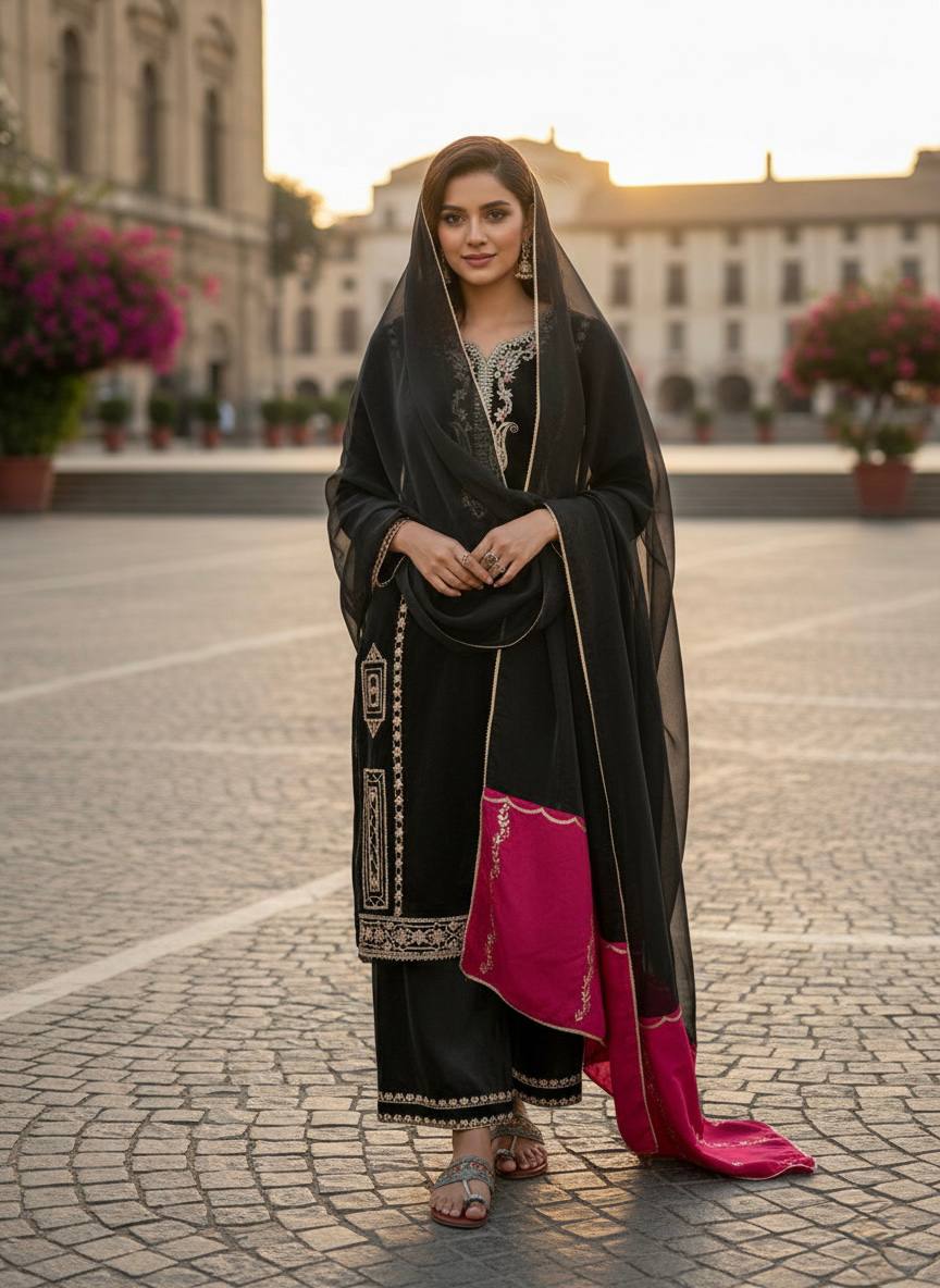 Designer Pure Jimmy Choo Silk Sequin Work Kurti with Palazzo & Dupatta 3-Piece Set