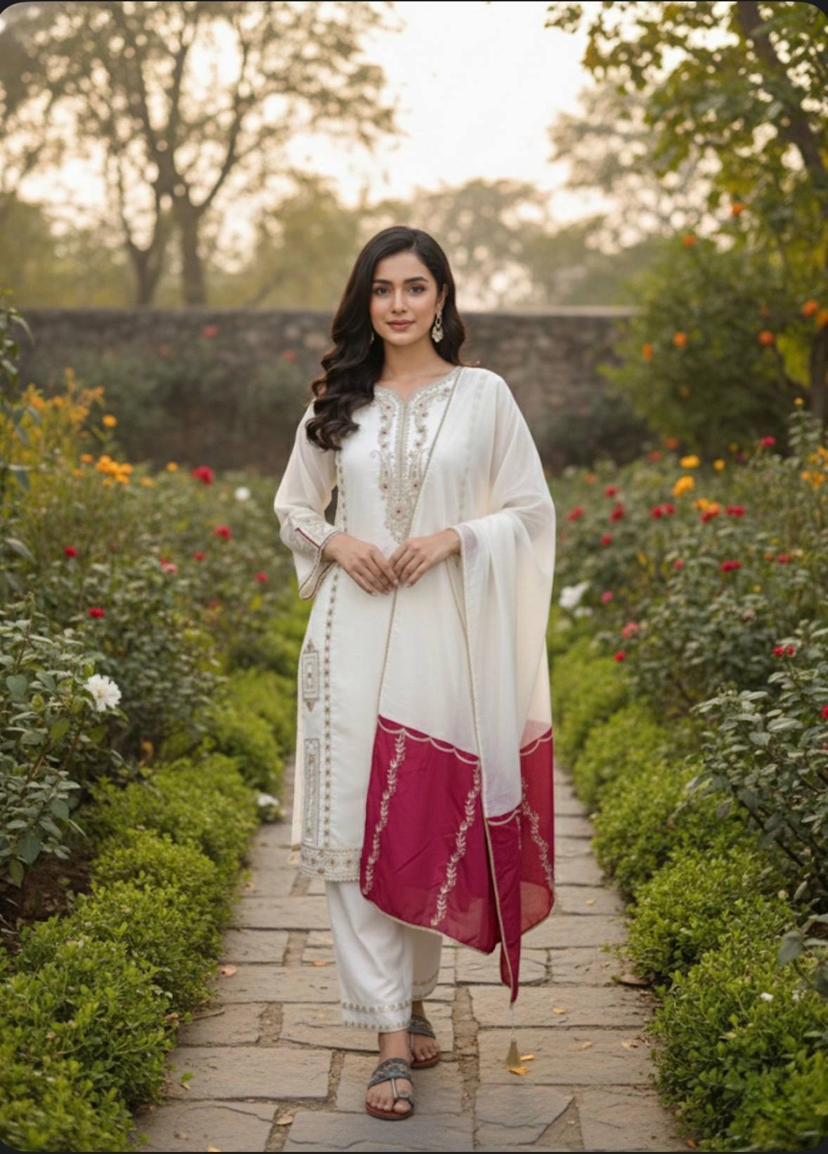 Designer Pure Jimmy Choo Silk Sequin Work Kurti with Palazzo & Dupatta 3-Piece Set