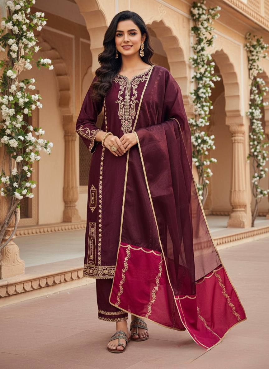 Designer Pure Jimmy Choo Silk Sequin Work Kurti with Palazzo & Dupatta 3-Piece Set