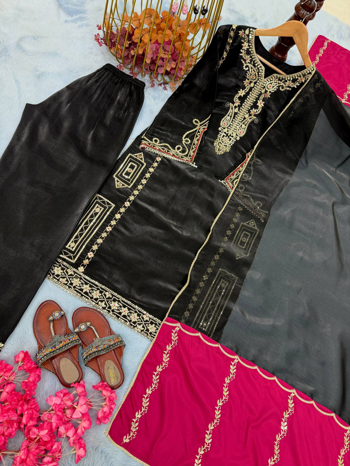 Designer Pure Jimmy Choo Silk Sequin Work Kurti with Palazzo & Dupatta 3-Piece Set