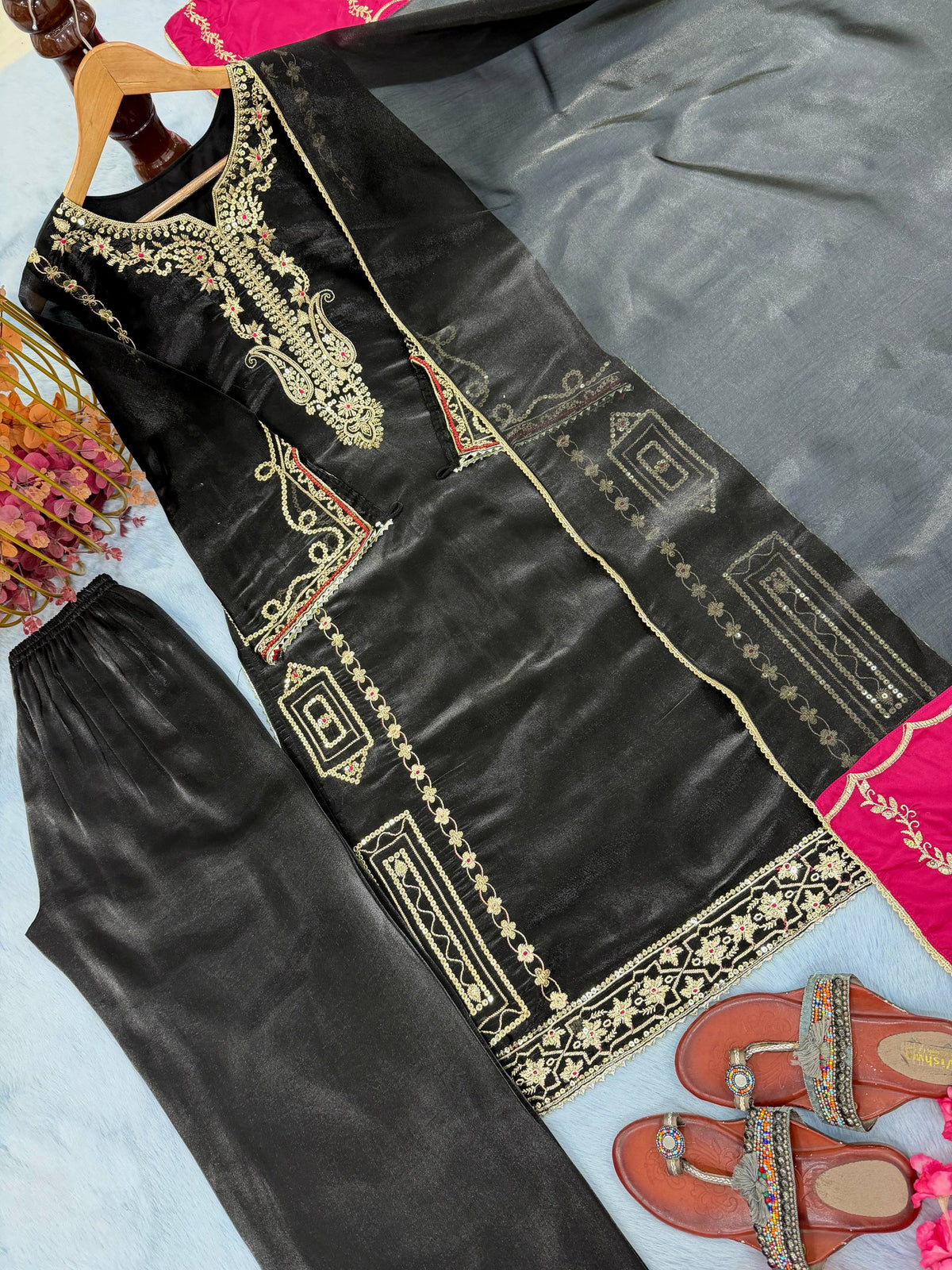 Designer Pure Jimmy Choo Silk Sequin Work Kurti with Palazzo & Dupatta 3-Piece Set