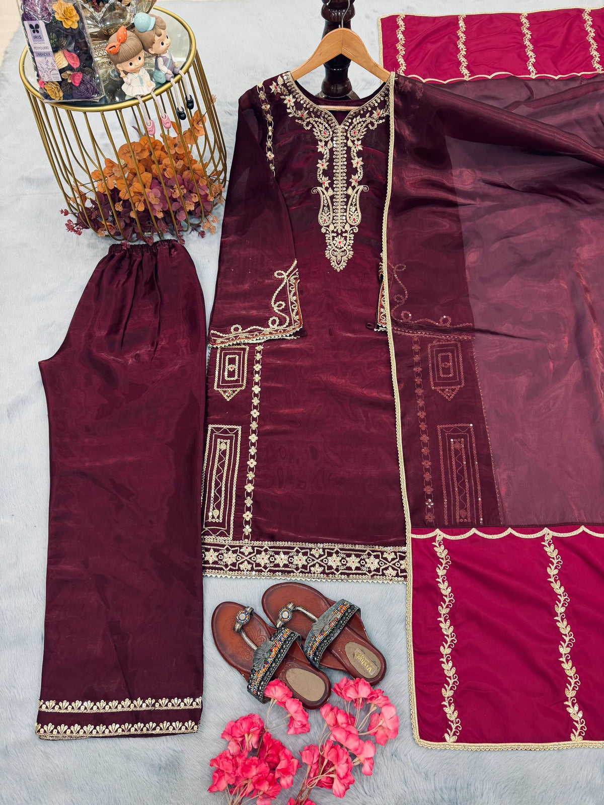 Designer Pure Jimmy Choo Silk Sequin Work Kurti with Palazzo & Dupatta 3-Piece Set