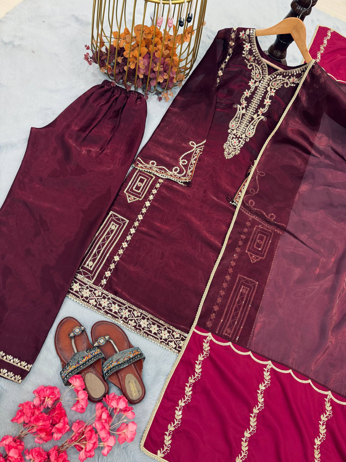 Designer Pure Jimmy Choo Silk Sequin Work Kurti with Palazzo & Dupatta 3-Piece Set