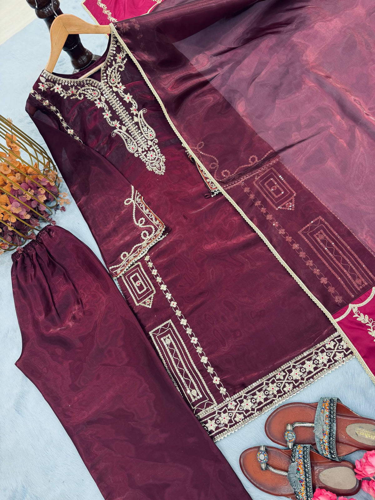Designer Pure Jimmy Choo Silk Sequin Work Kurti with Palazzo & Dupatta 3-Piece Set