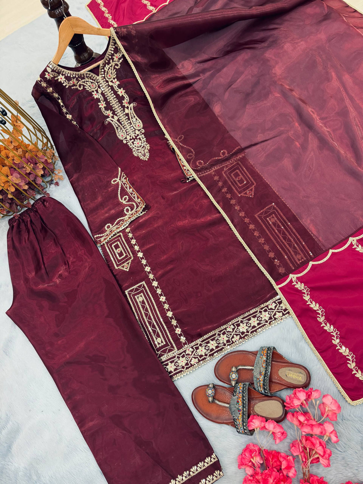 Designer Pure Jimmy Choo Silk Sequin Work Kurti with Palazzo & Dupatta 3-Piece Set