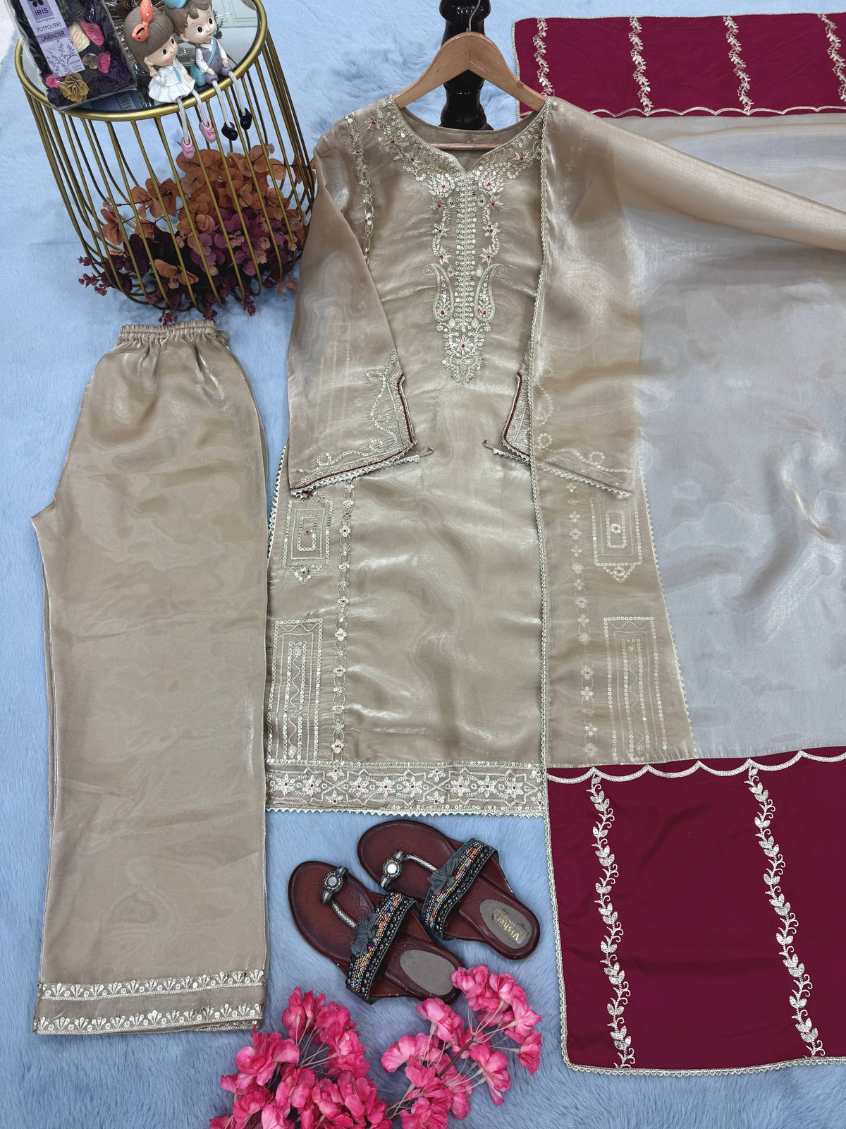 Designer Pure Jimmy Choo Silk Sequin Work Kurti with Palazzo & Dupatta 3-Piece Set