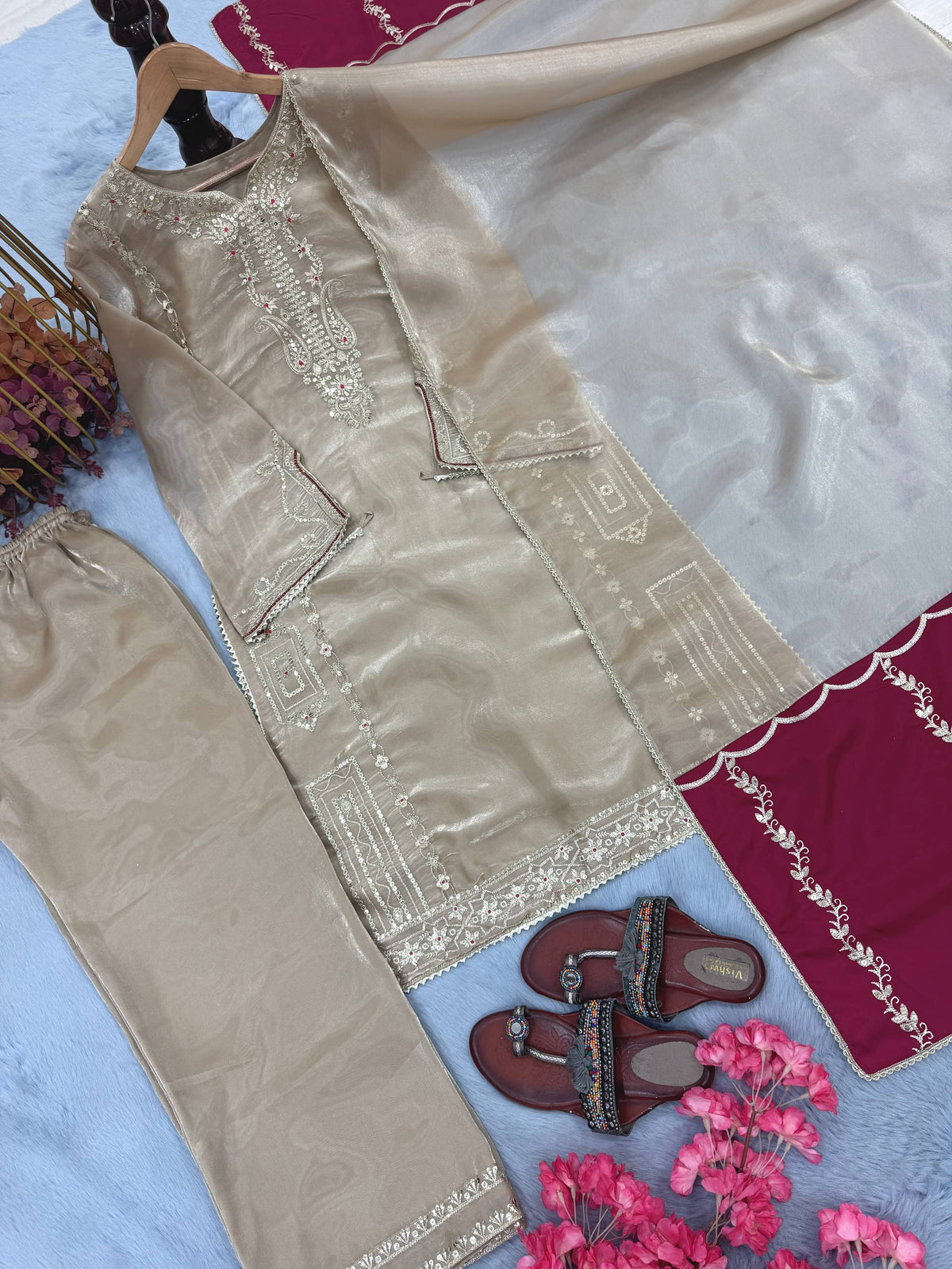 Designer Pure Jimmy Choo Silk Sequin Work Kurti with Palazzo & Dupatta 3-Piece Set