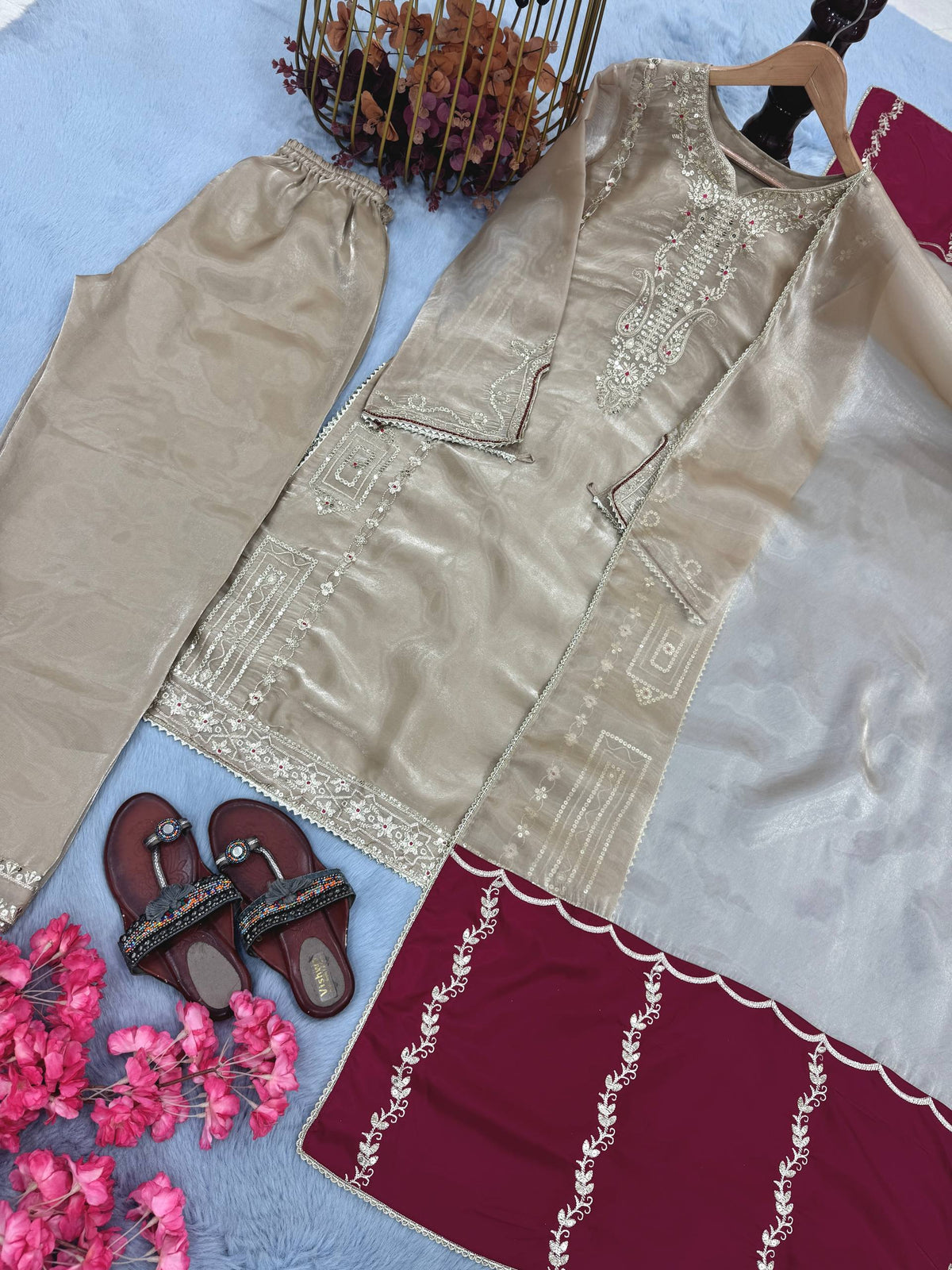 Designer Pure Jimmy Choo Silk Sequin Work Kurti with Palazzo & Dupatta 3-Piece Set