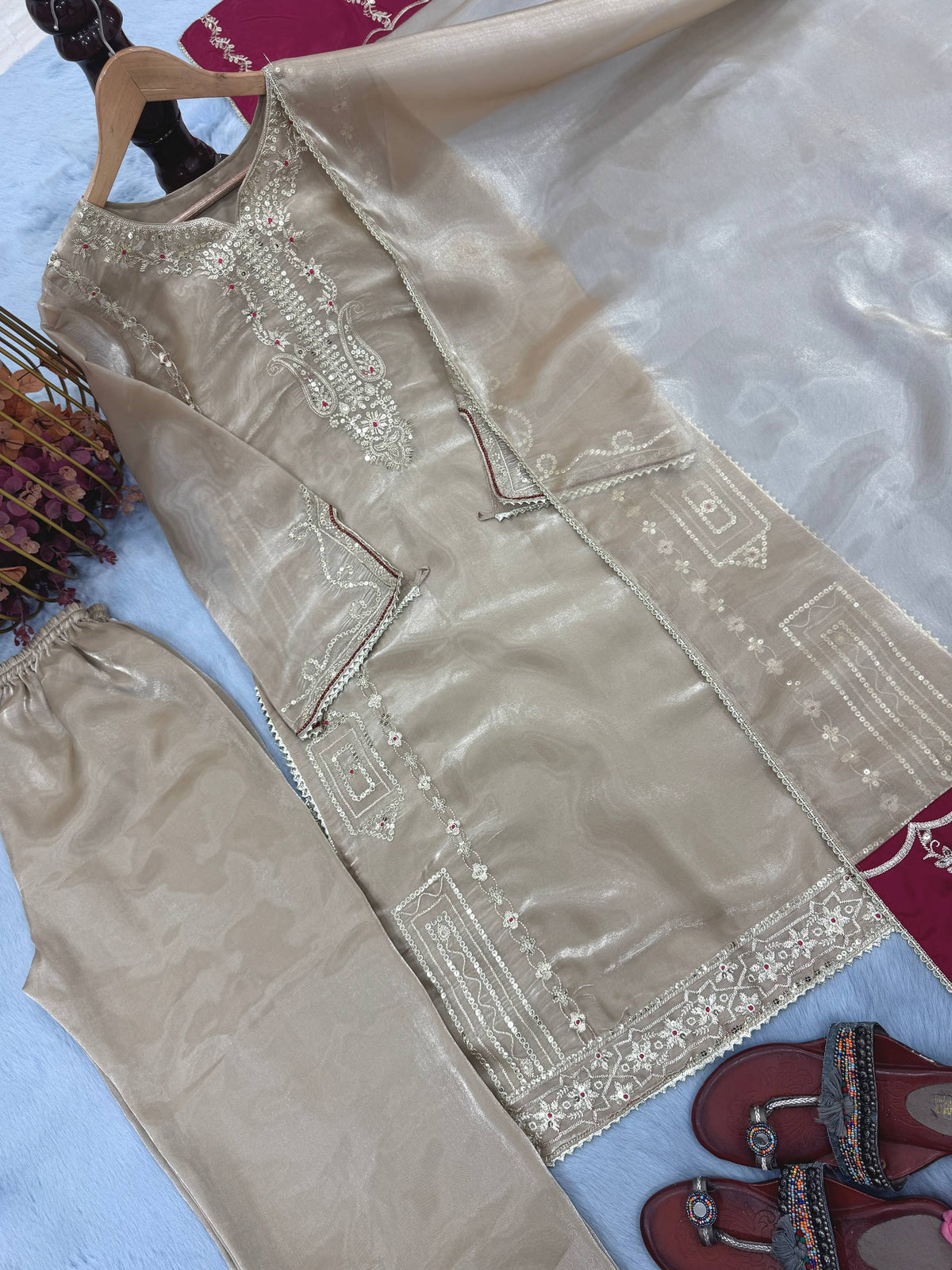 Designer Pure Jimmy Choo Silk Sequin Work Kurti with Palazzo & Dupatta 3-Piece Set