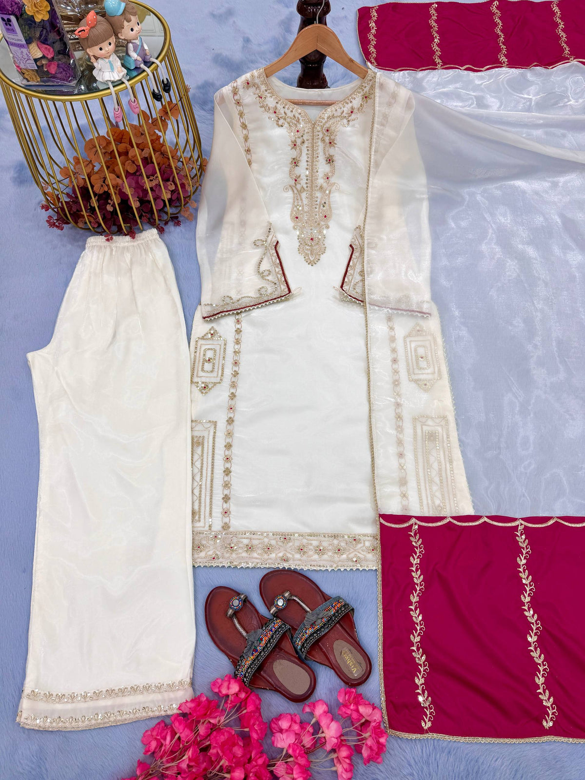 Designer Pure Jimmy Choo Silk Sequin Work Kurti with Palazzo & Dupatta 3-Piece Set