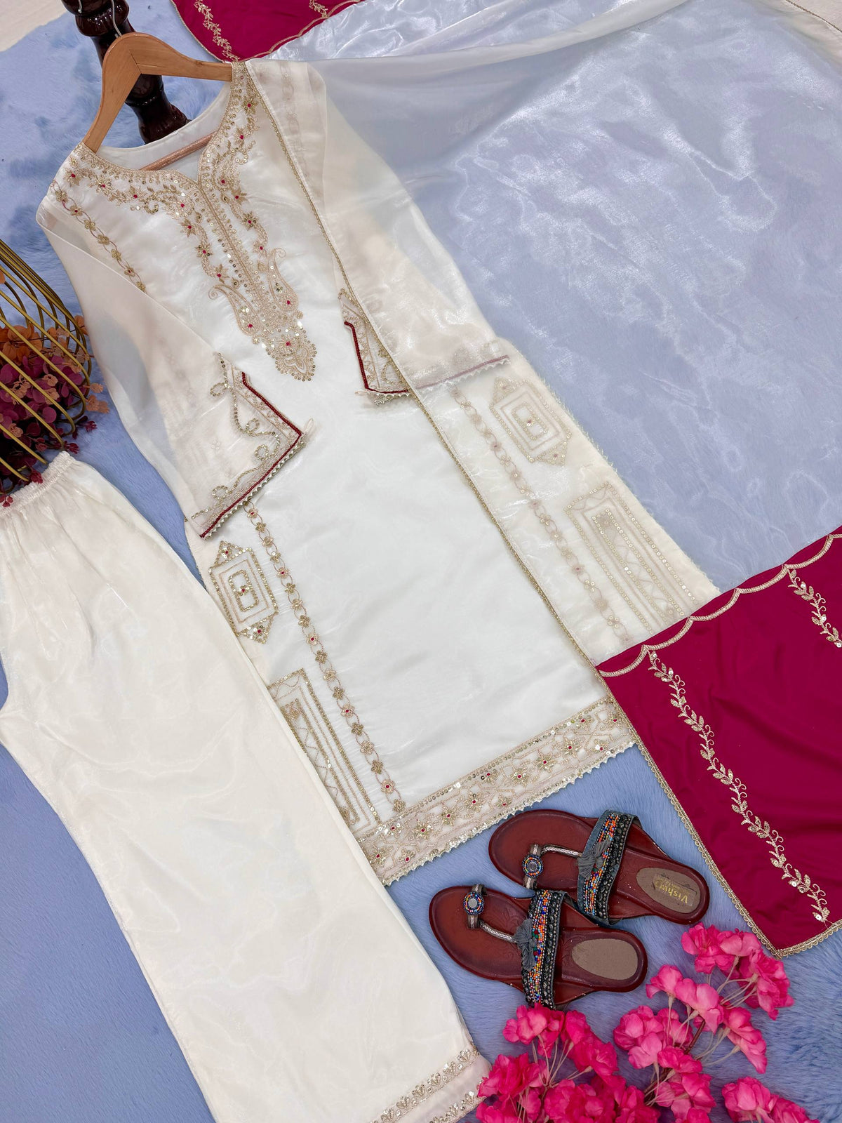 Designer Pure Jimmy Choo Silk Sequin Work Kurti with Palazzo & Dupatta 3-Piece Set