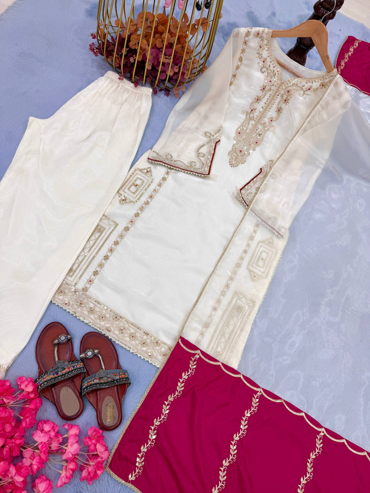 Designer Pure Jimmy Choo Silk Sequin Work Kurti with Palazzo & Dupatta 3-Piece Set