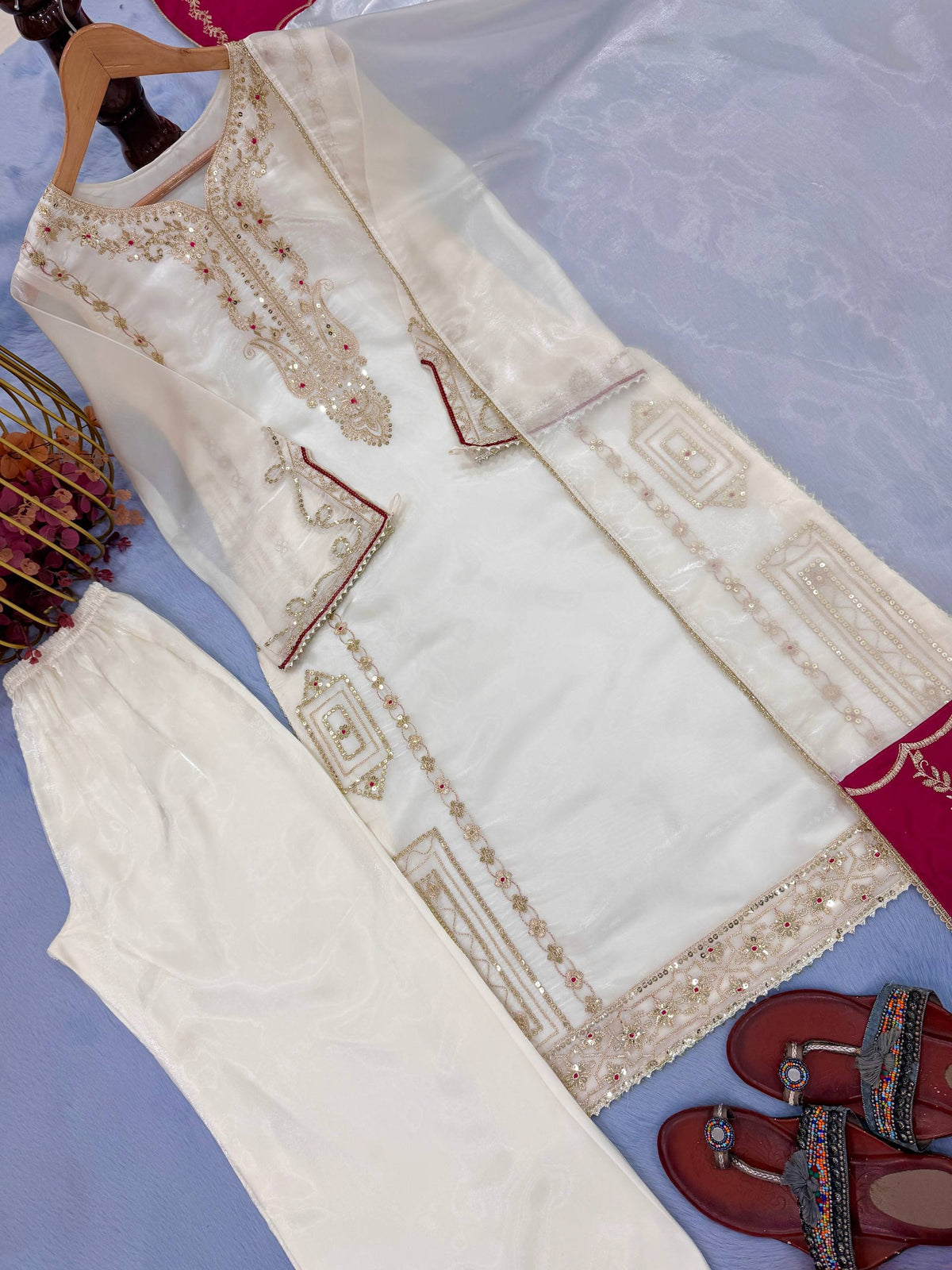 Designer Pure Jimmy Choo Silk Sequin Work Kurti with Palazzo & Dupatta 3-Piece Set