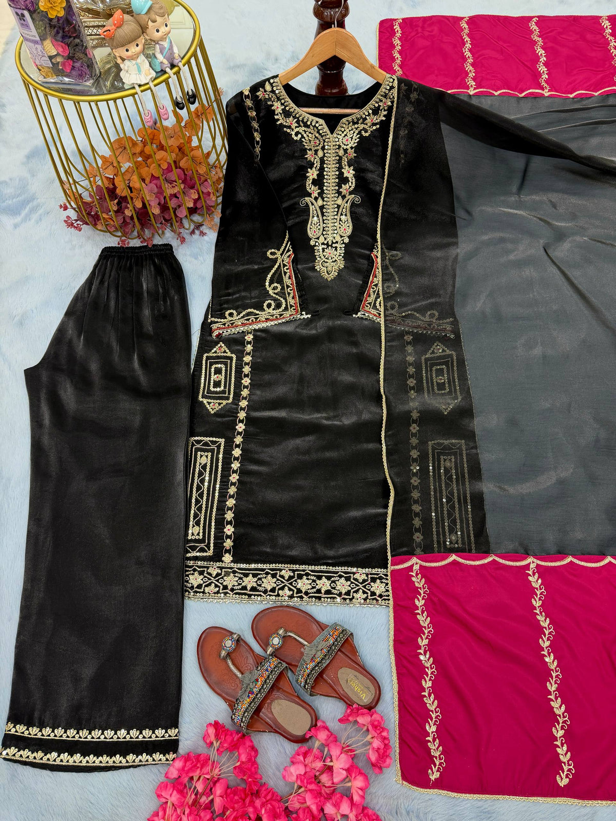 Designer Pure Jimmy Choo Silk Sequin Work Kurti with Palazzo & Dupatta 3-Piece Set