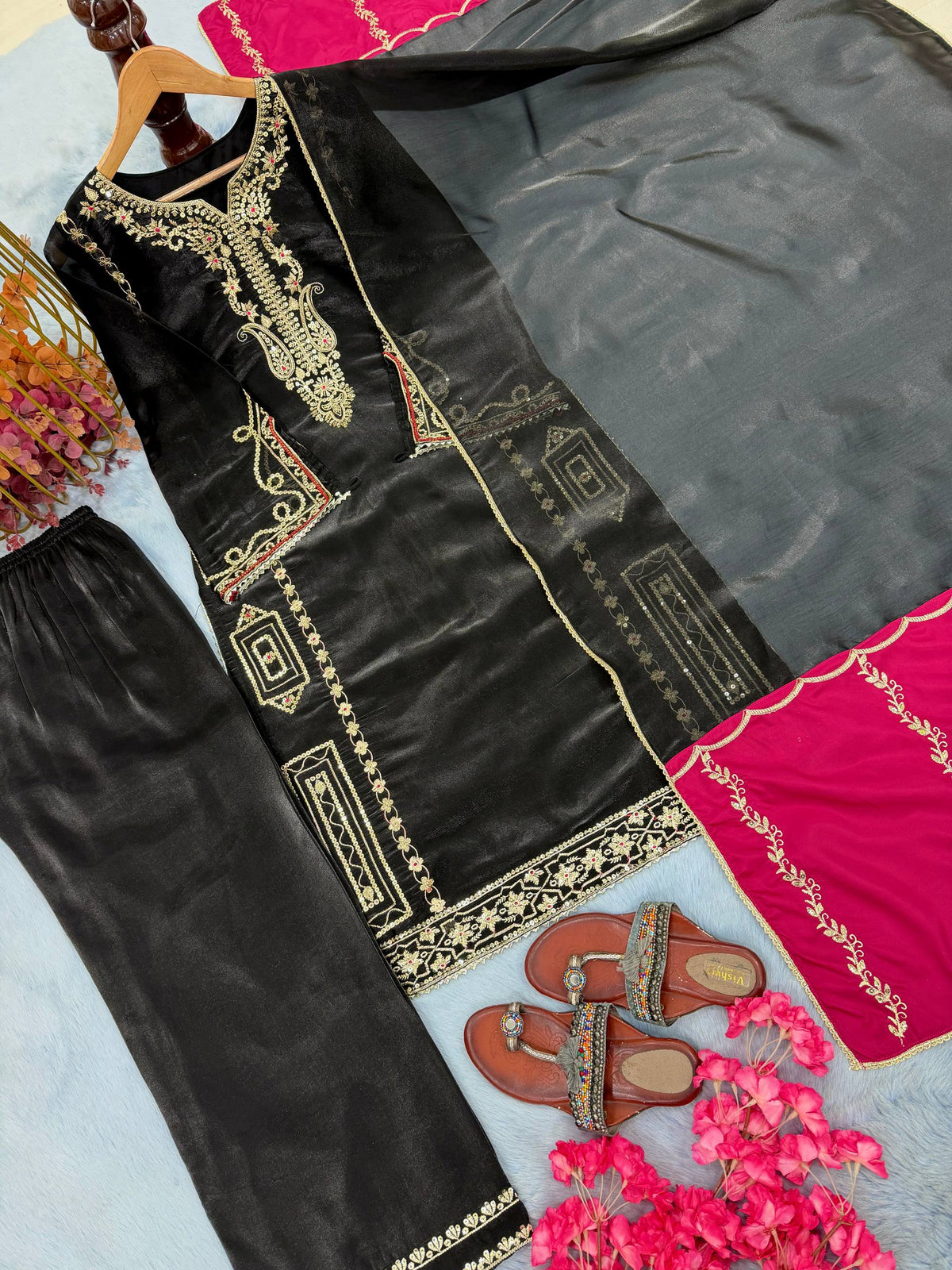 Designer Pure Jimmy Choo Silk Sequin Work Kurti with Palazzo & Dupatta 3-Piece Set