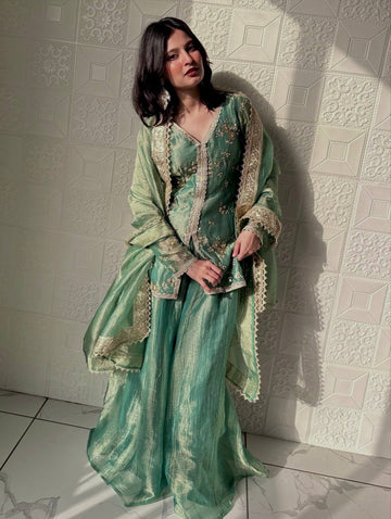 Pure Designer Fendi Silk Heavy Dori & Sequin Work Kurti with Palazzo & Dupatta Set