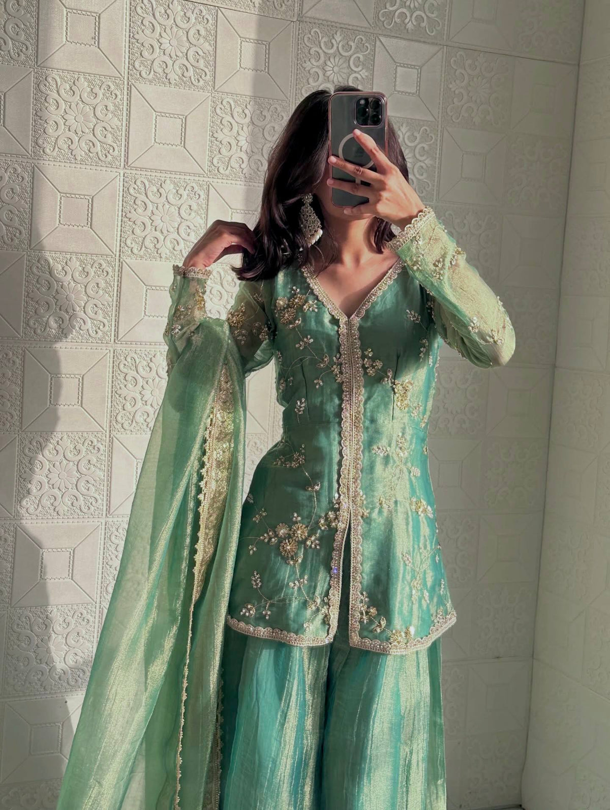 Pure Designer Fendi Silk Heavy Dori & Sequin Work Kurti with Palazzo & Dupatta Set