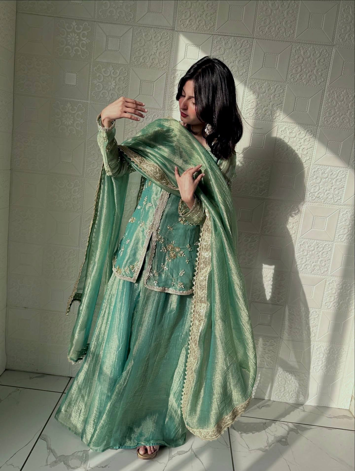 Pure Designer Fendi Silk Heavy Dori & Sequin Work Kurti with Palazzo & Dupatta Set