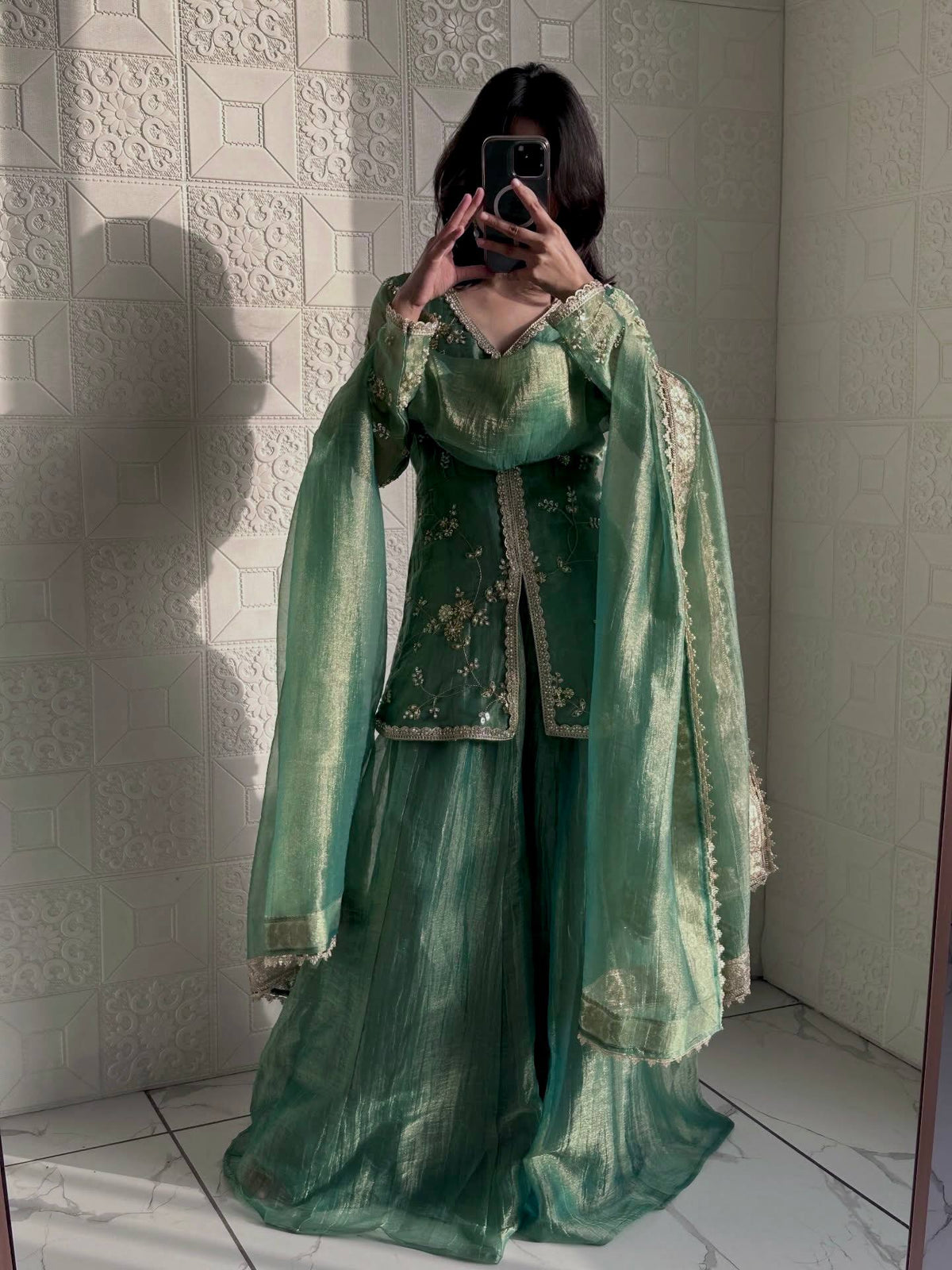 Pure Designer Fendi Silk Heavy Dori & Sequin Work Kurti with Palazzo & Dupatta Set