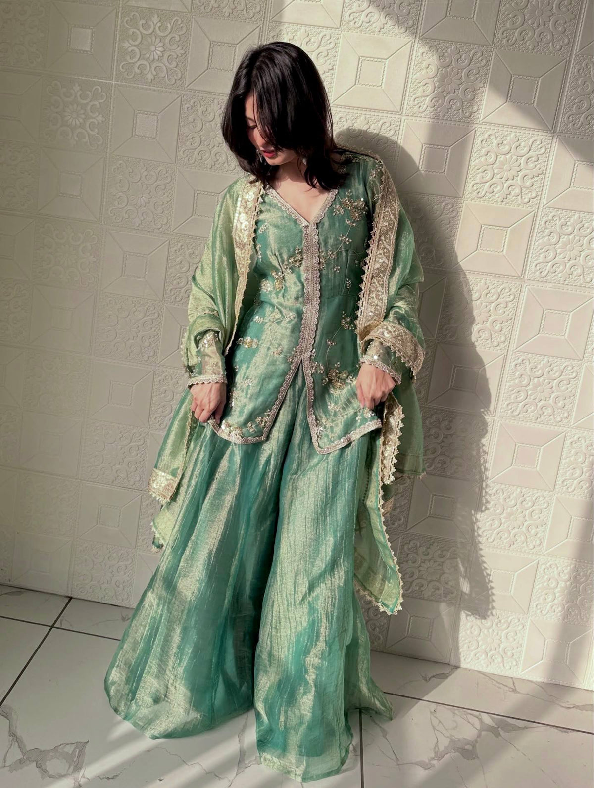 Pure Designer Fendi Silk Heavy Dori & Sequin Work Kurti with Palazzo & Dupatta Set