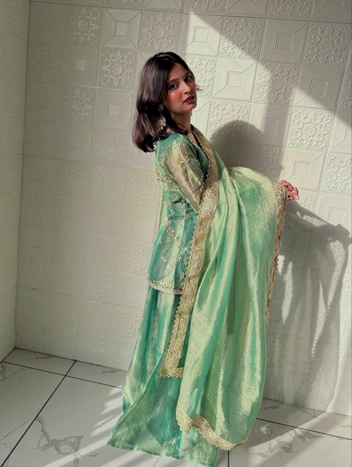 Pure Designer Fendi Silk Heavy Dori & Sequin Work Kurti with Palazzo & Dupatta Set