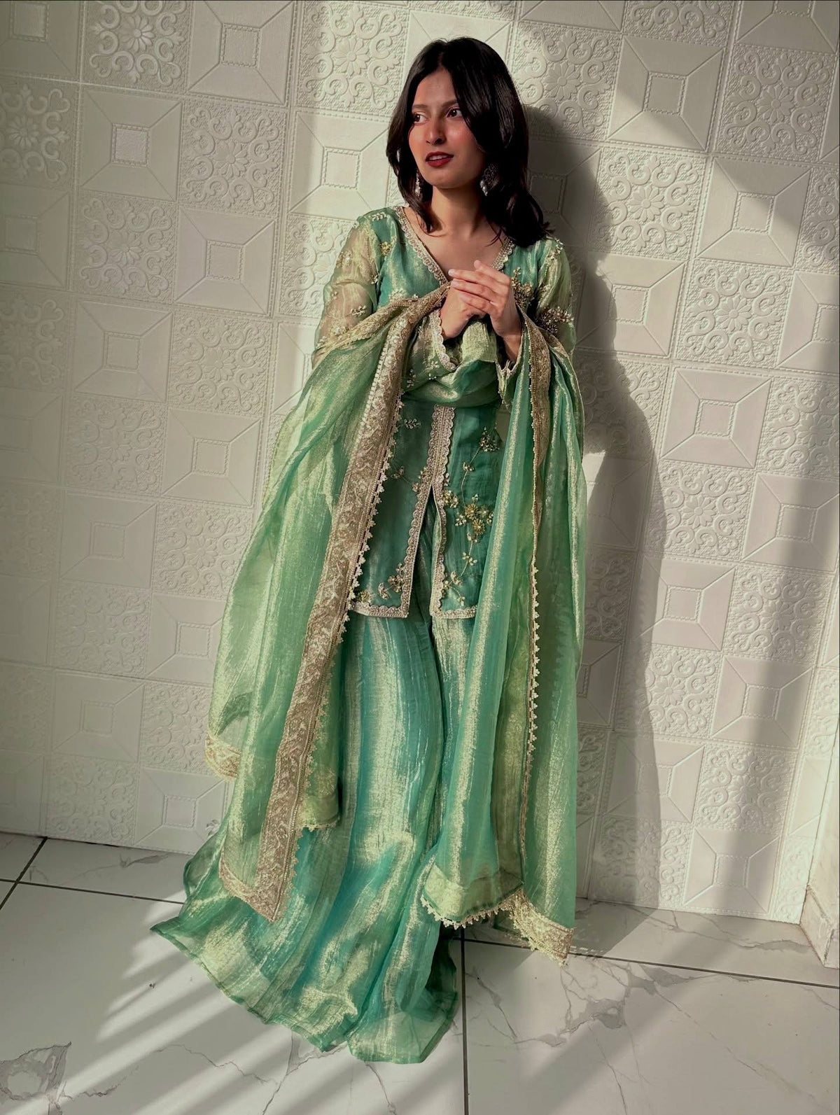 Pure Designer Fendi Silk Heavy Dori & Sequin Work Kurti with Palazzo & Dupatta Set