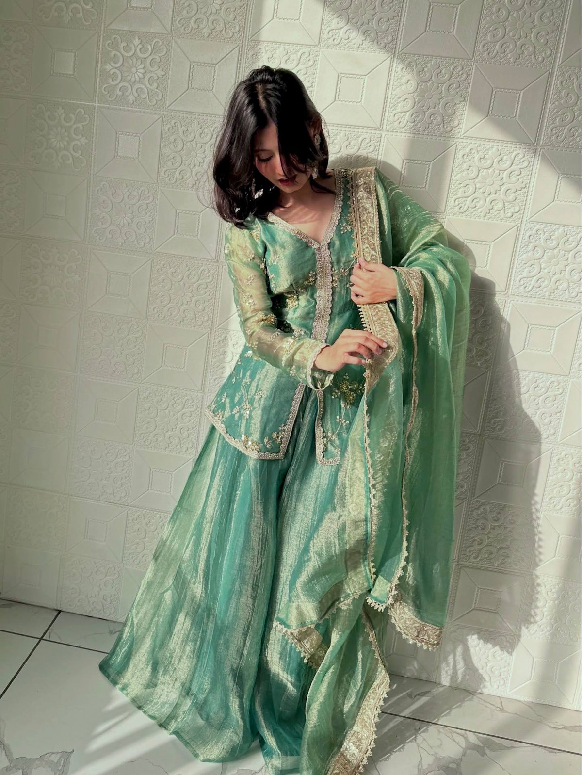 Pure Designer Fendi Silk Heavy Dori & Sequin Work Kurti with Palazzo & Dupatta Set