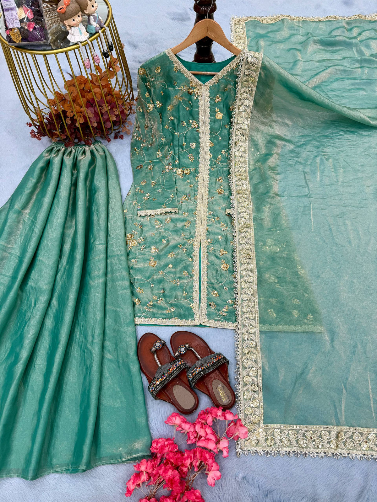 Pure Designer Fendi Silk Heavy Dori & Sequin Work Kurti with Palazzo & Dupatta Set