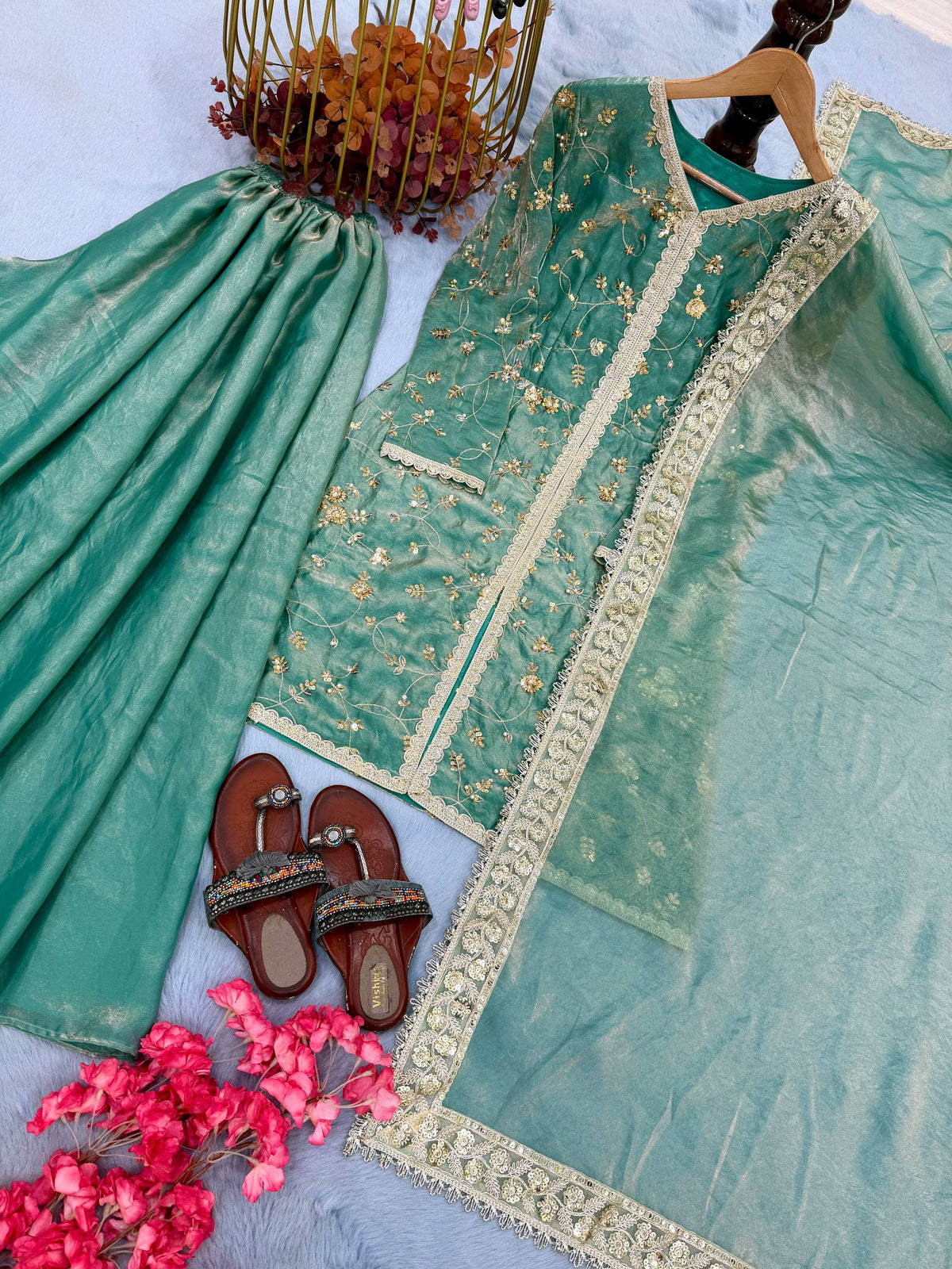 Pure Designer Fendi Silk Heavy Dori & Sequin Work Kurti with Palazzo & Dupatta Set