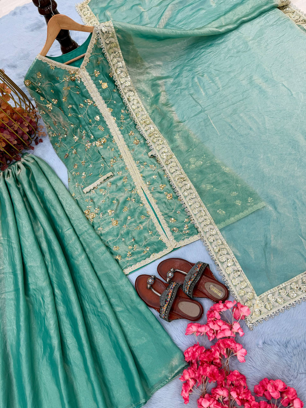 Pure Designer Fendi Silk Heavy Dori & Sequin Work Kurti with Palazzo & Dupatta Set