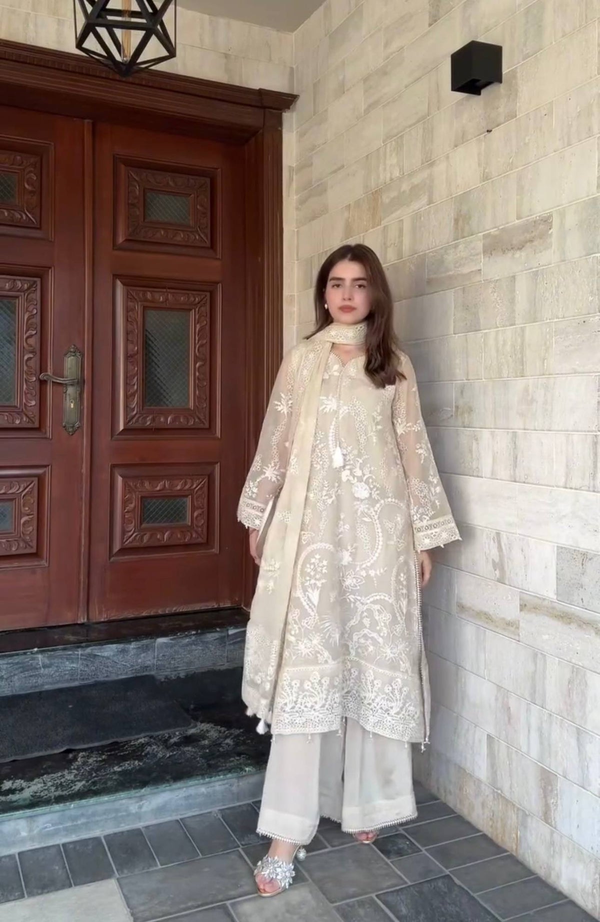 Pure Heavy Faux Georgette Party Wear Kurti Palazzo Set with Moti Latkan