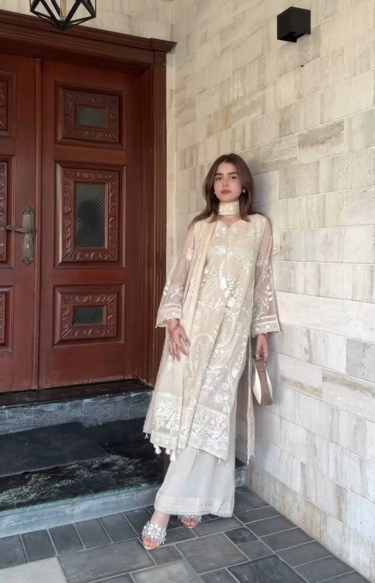 Pure Heavy Faux Georgette Party Wear Kurti Palazzo Set with Moti Latkan