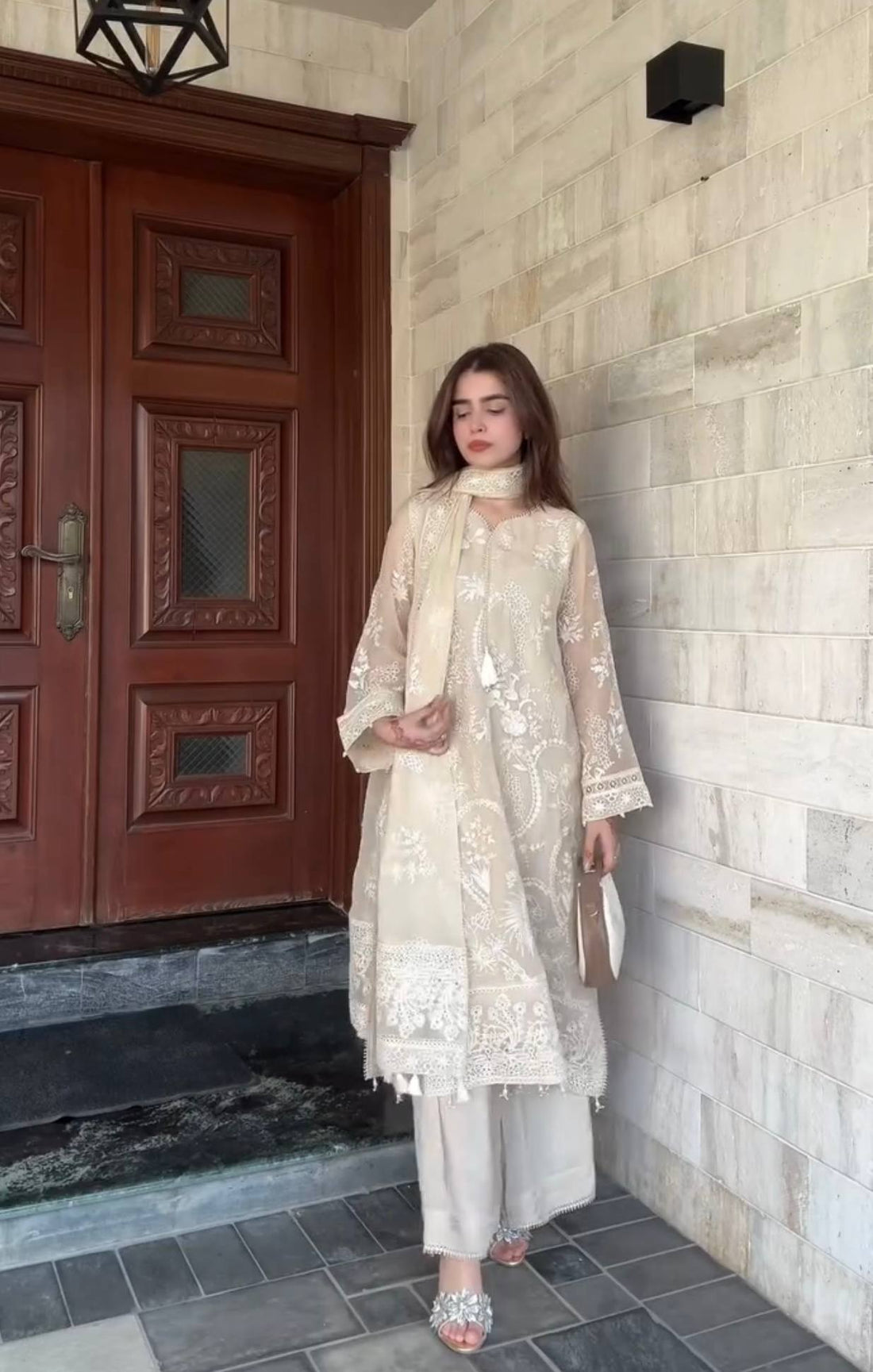 Pure Heavy Faux Georgette Party Wear Kurti Palazzo Set with Moti Latkan