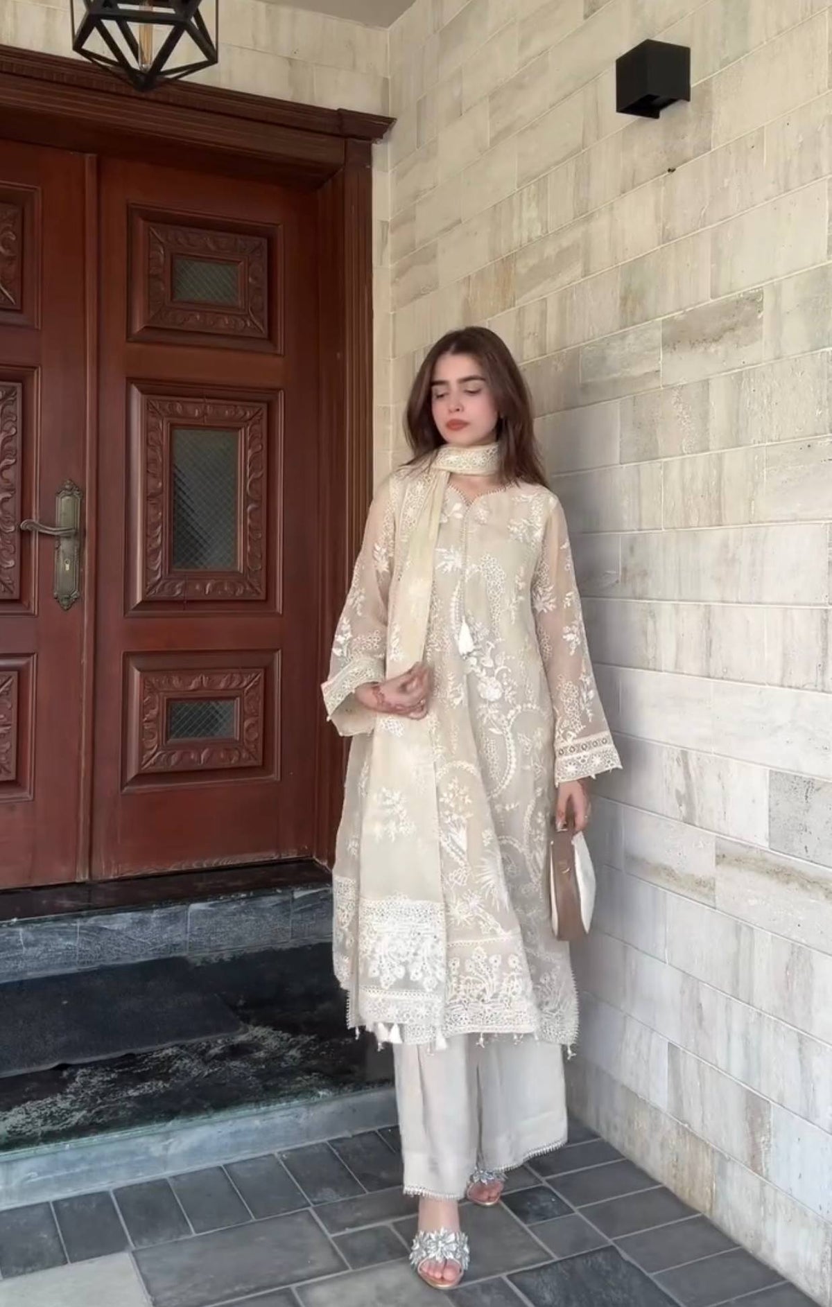 Pure Heavy Faux Georgette Party Wear Kurti Palazzo Set with Moti Latkan