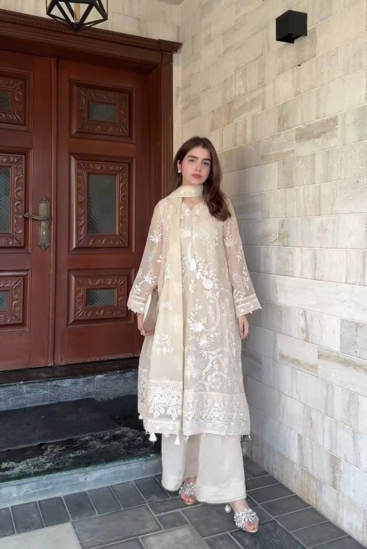 Pure Heavy Faux Georgette Party Wear Kurti Palazzo Set with Moti Latkan