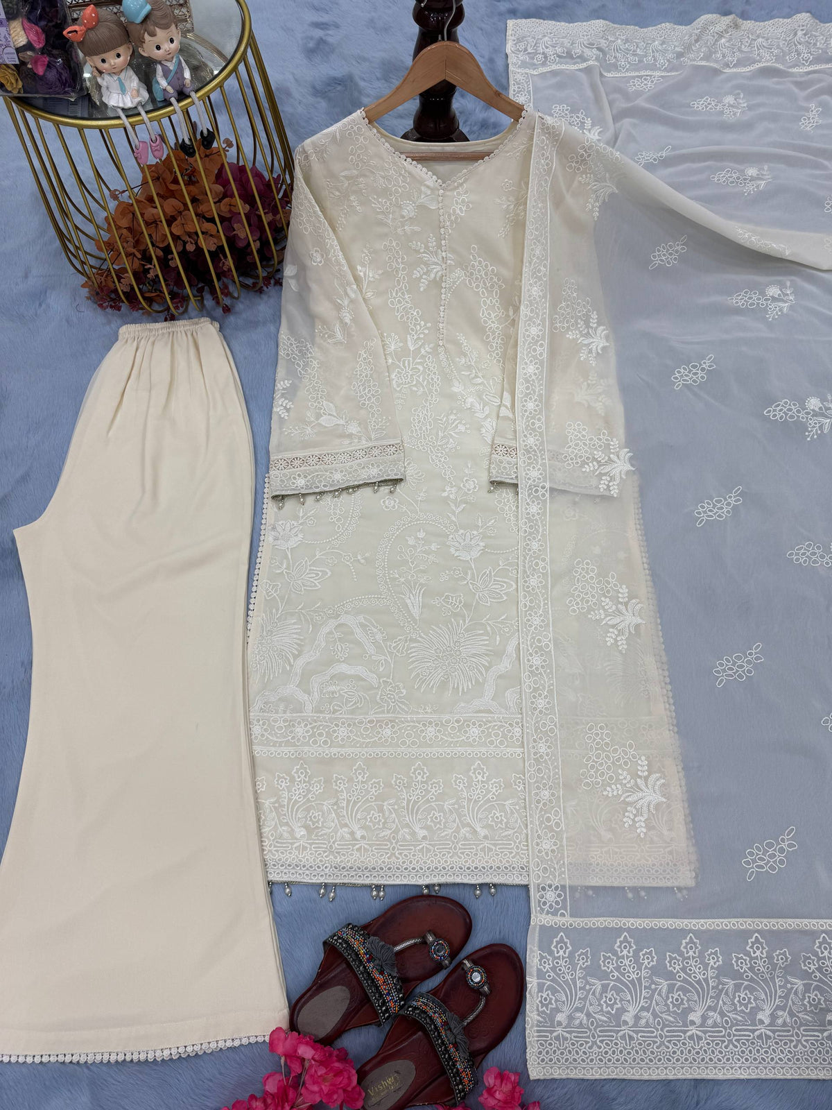Pure Heavy Faux Georgette Party Wear Kurti Palazzo Set with Moti Latkan