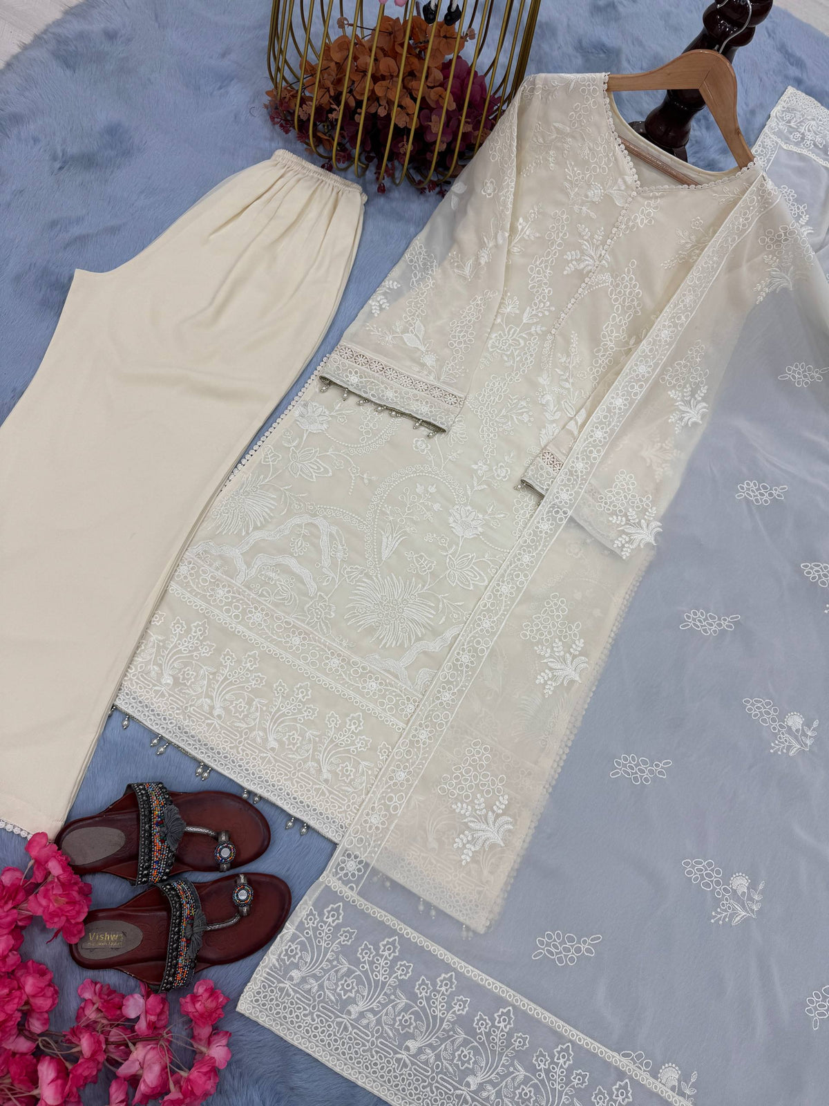 Pure Heavy Faux Georgette Party Wear Kurti Palazzo Set with Moti Latkan
