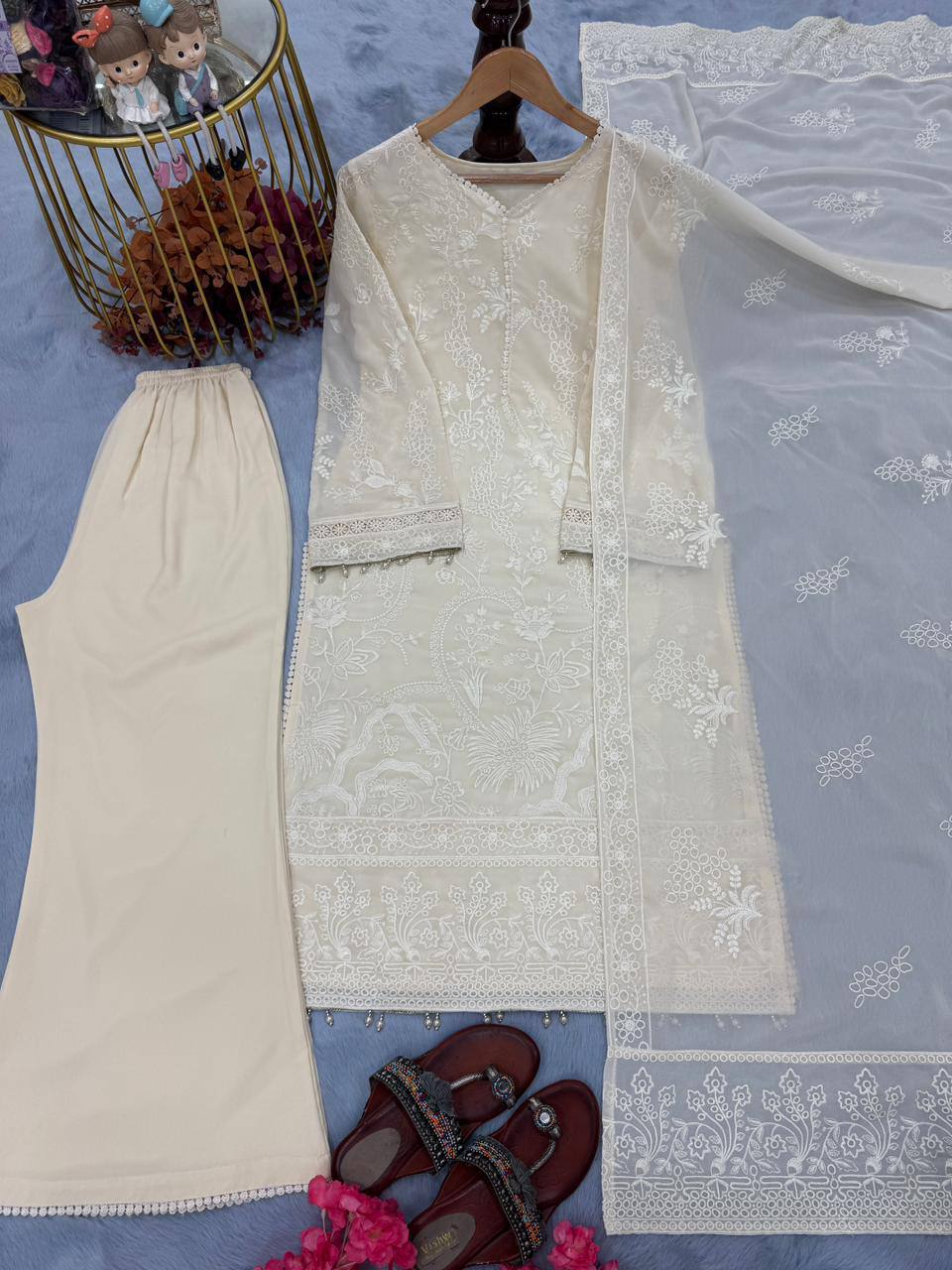 Pure Heavy Faux Georgette Party Wear Kurti Palazzo Set with Moti Latkan