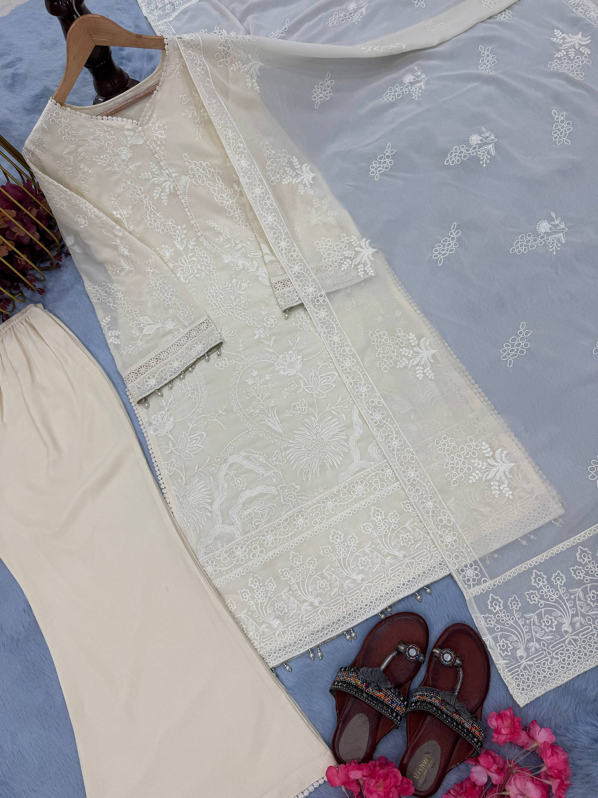 Pure Heavy Faux Georgette Party Wear Kurti Palazzo Set with Moti Latkan