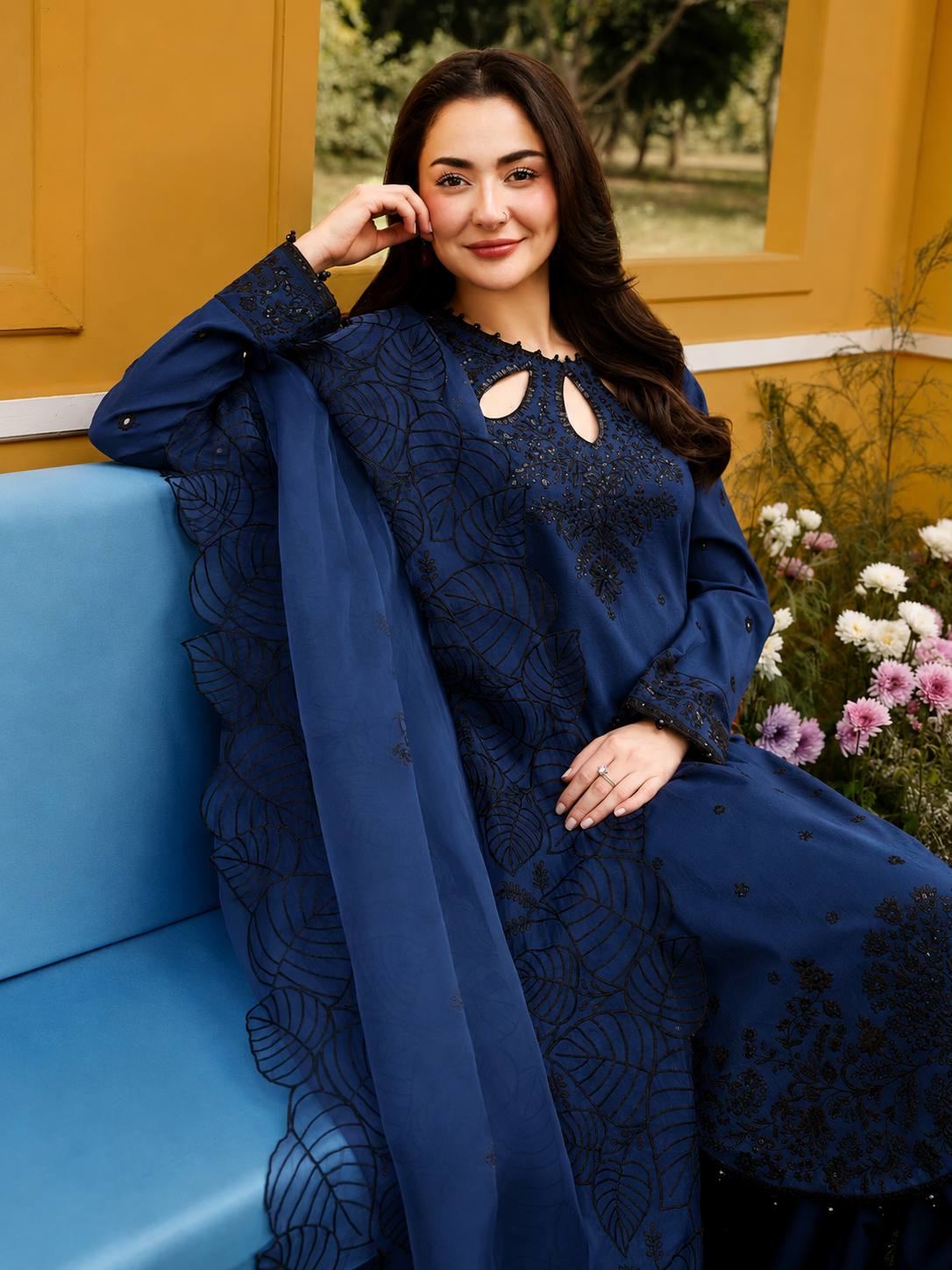 Designer Pure Satin Rayon Embroidered Long Kurti with Palazzo & Cutwork Organza Dupatta Set