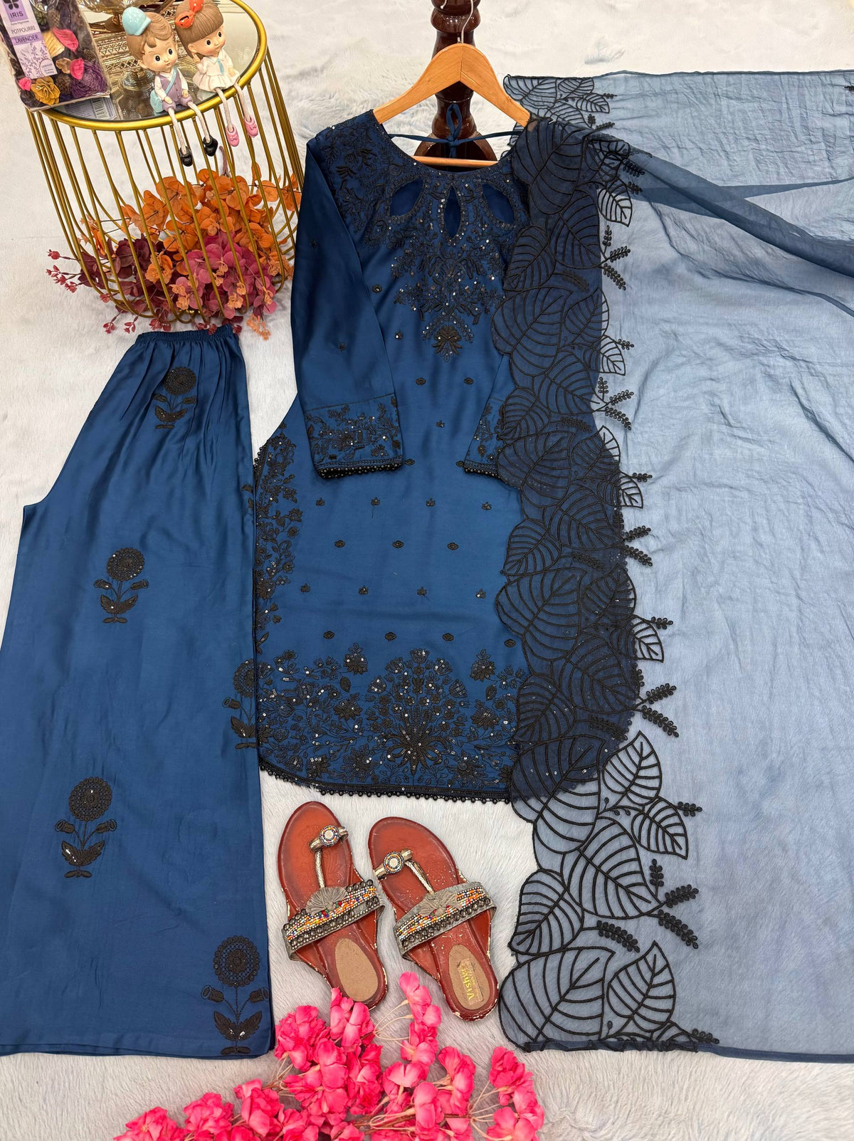 Designer Pure Satin Rayon Embroidered Long Kurti with Palazzo & Cutwork Organza Dupatta Set