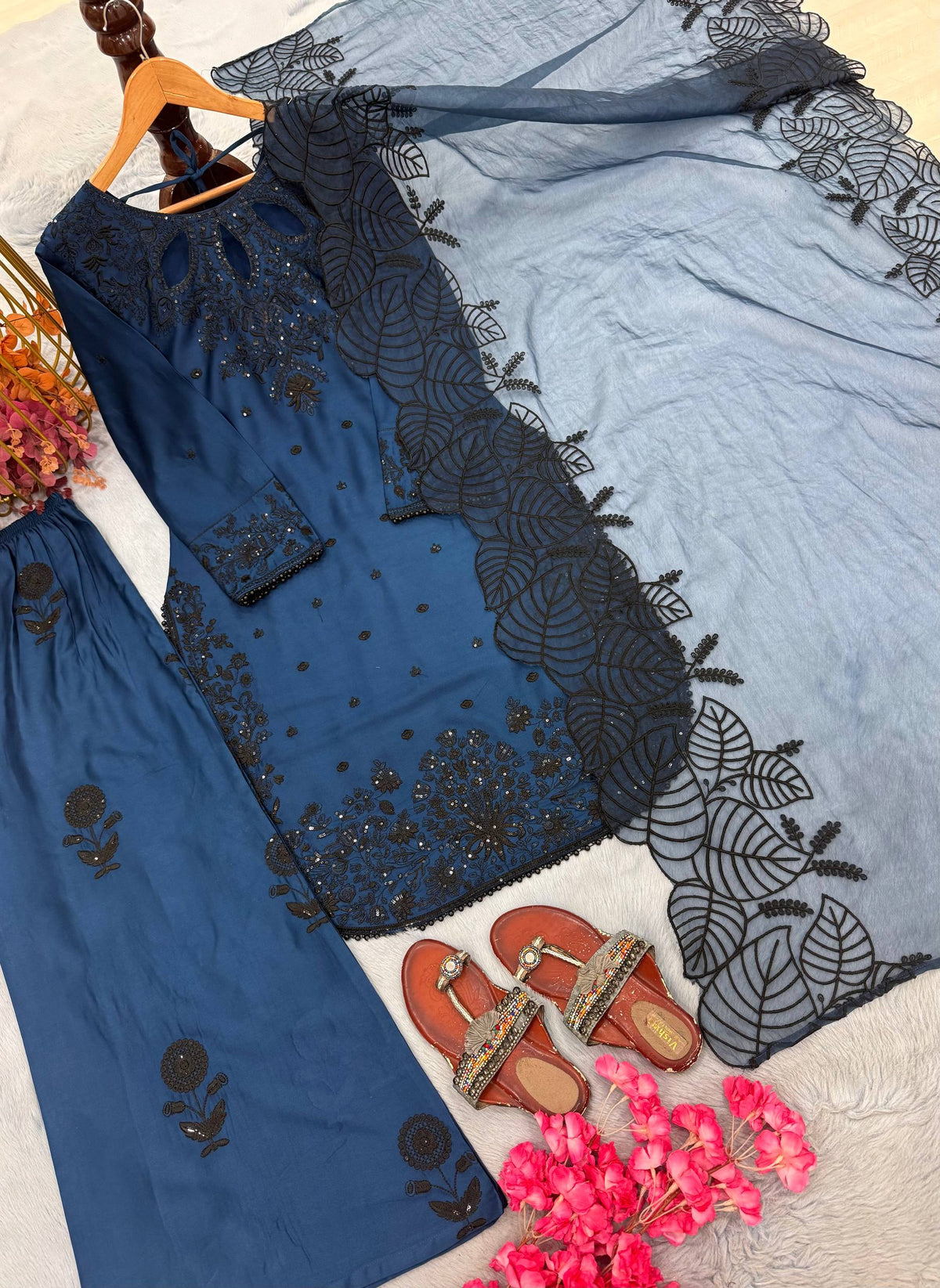 Designer Pure Satin Rayon Embroidered Long Kurti with Palazzo & Cutwork Organza Dupatta Set