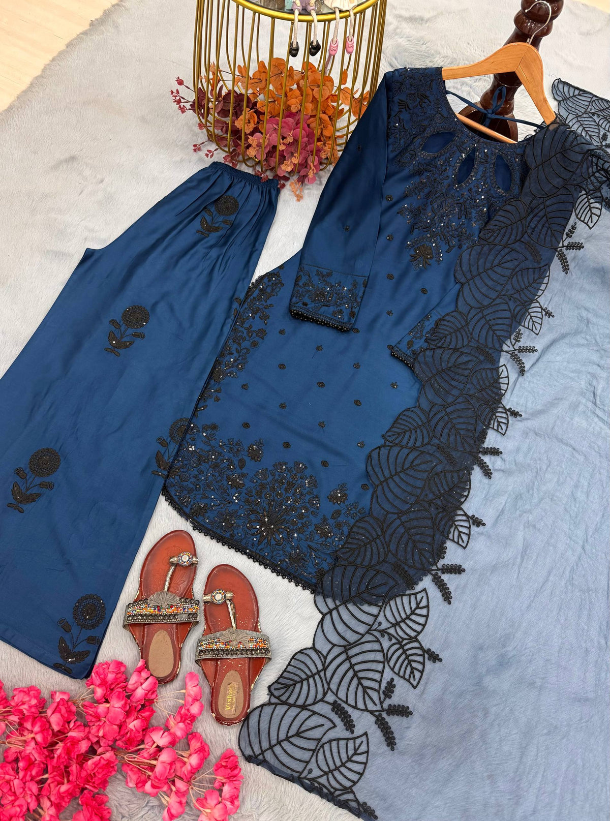 Designer Pure Satin Rayon Embroidered Long Kurti with Palazzo & Cutwork Organza Dupatta Set
