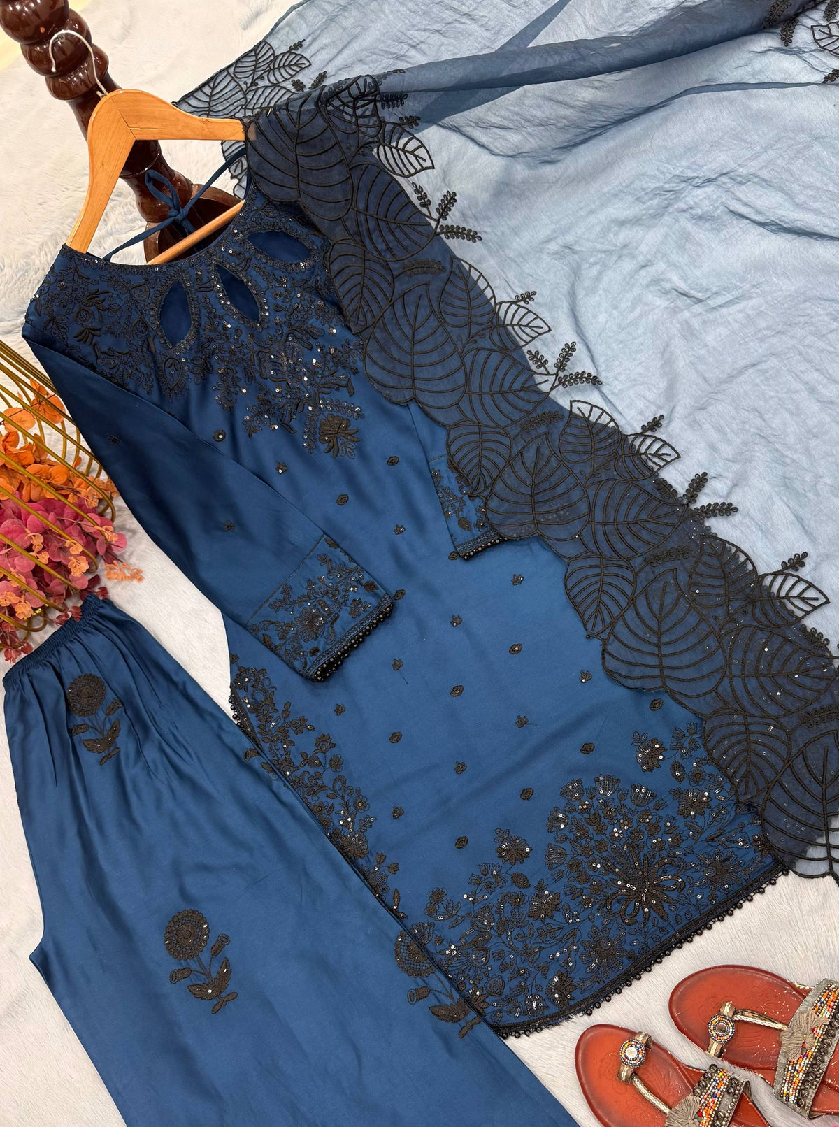 Designer Pure Satin Rayon Embroidered Long Kurti with Palazzo & Cutwork Organza Dupatta Set