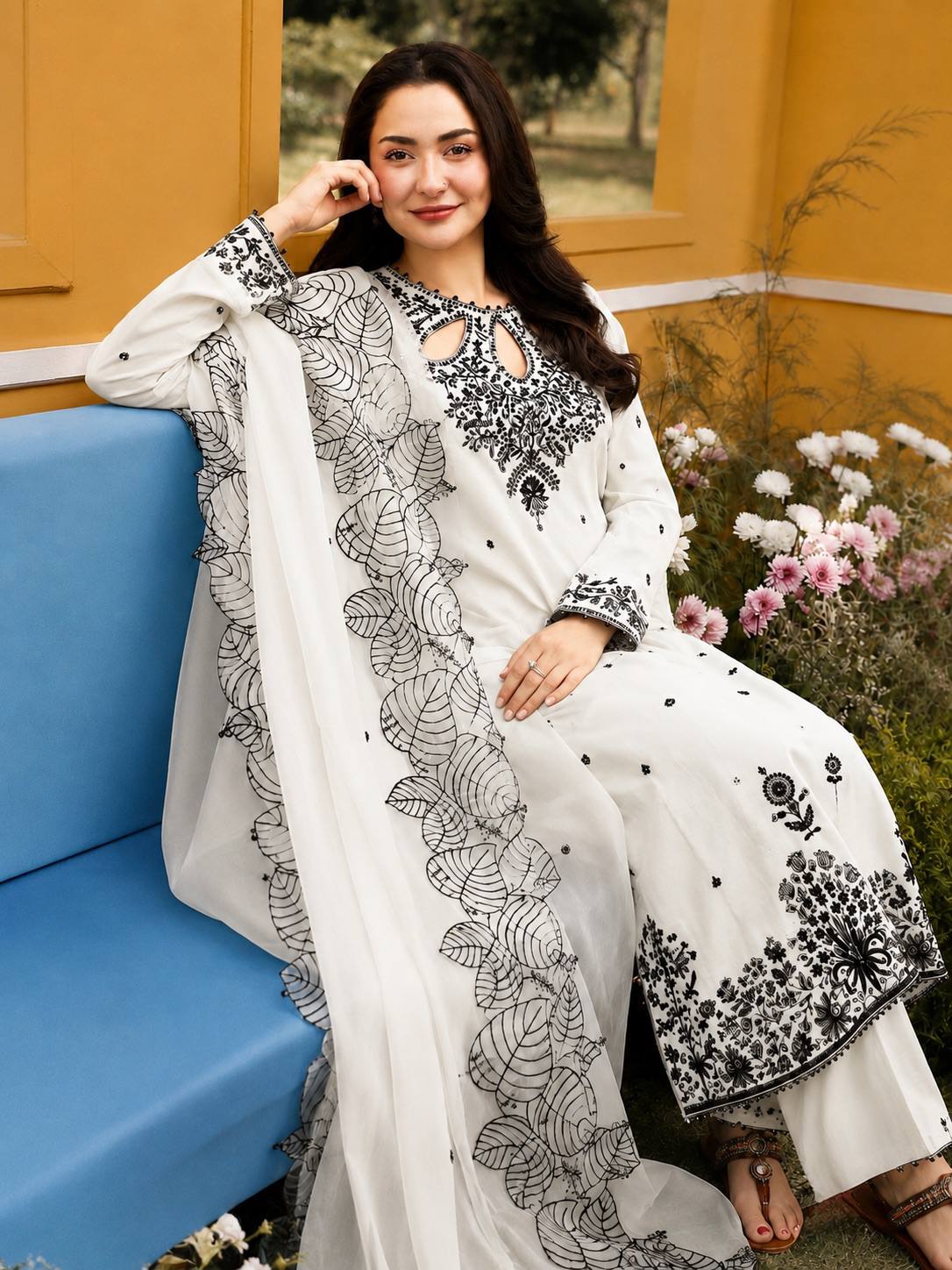 Designer Pure Satin Rayon Embroidered Long Kurti with Palazzo & Cutwork Organza Dupatta Set