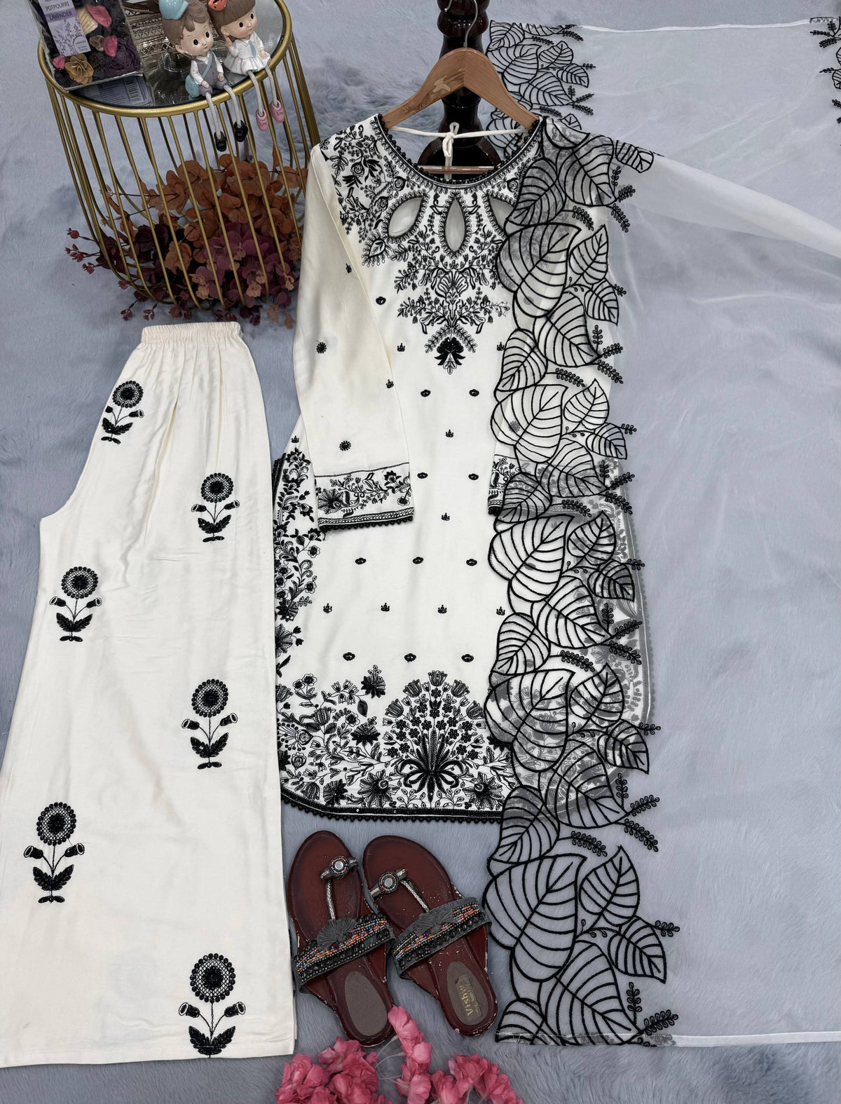 Designer Pure Satin Rayon Embroidered Long Kurti with Palazzo & Cutwork Organza Dupatta Set
