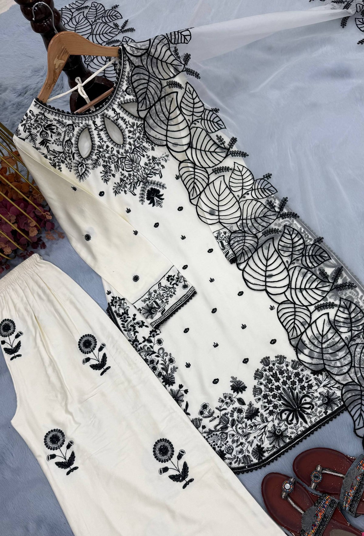 Designer Pure Satin Rayon Embroidered Long Kurti with Palazzo & Cutwork Organza Dupatta Set